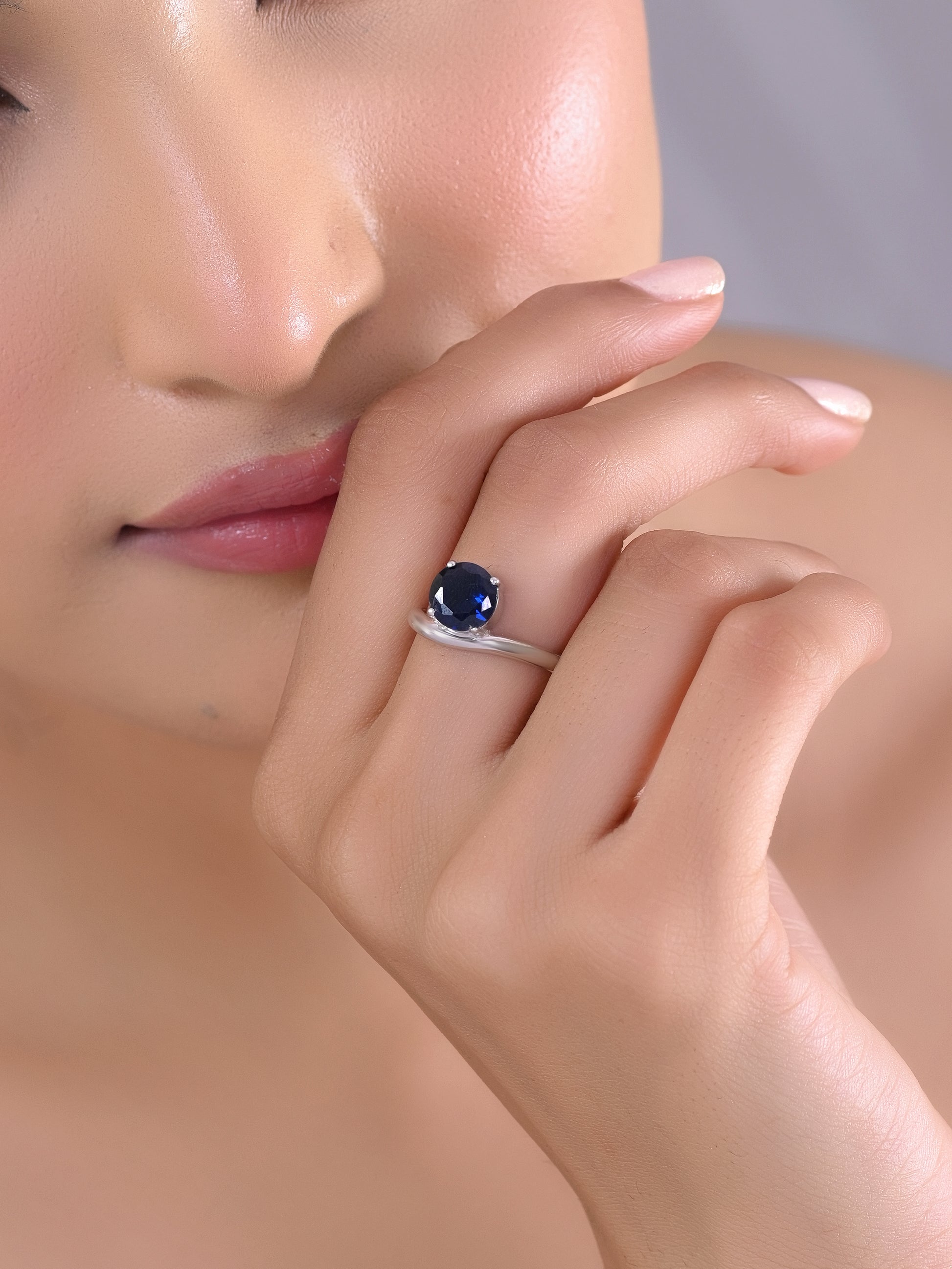 Blue Sapphire Solitaire Wave 925 Silver Ring