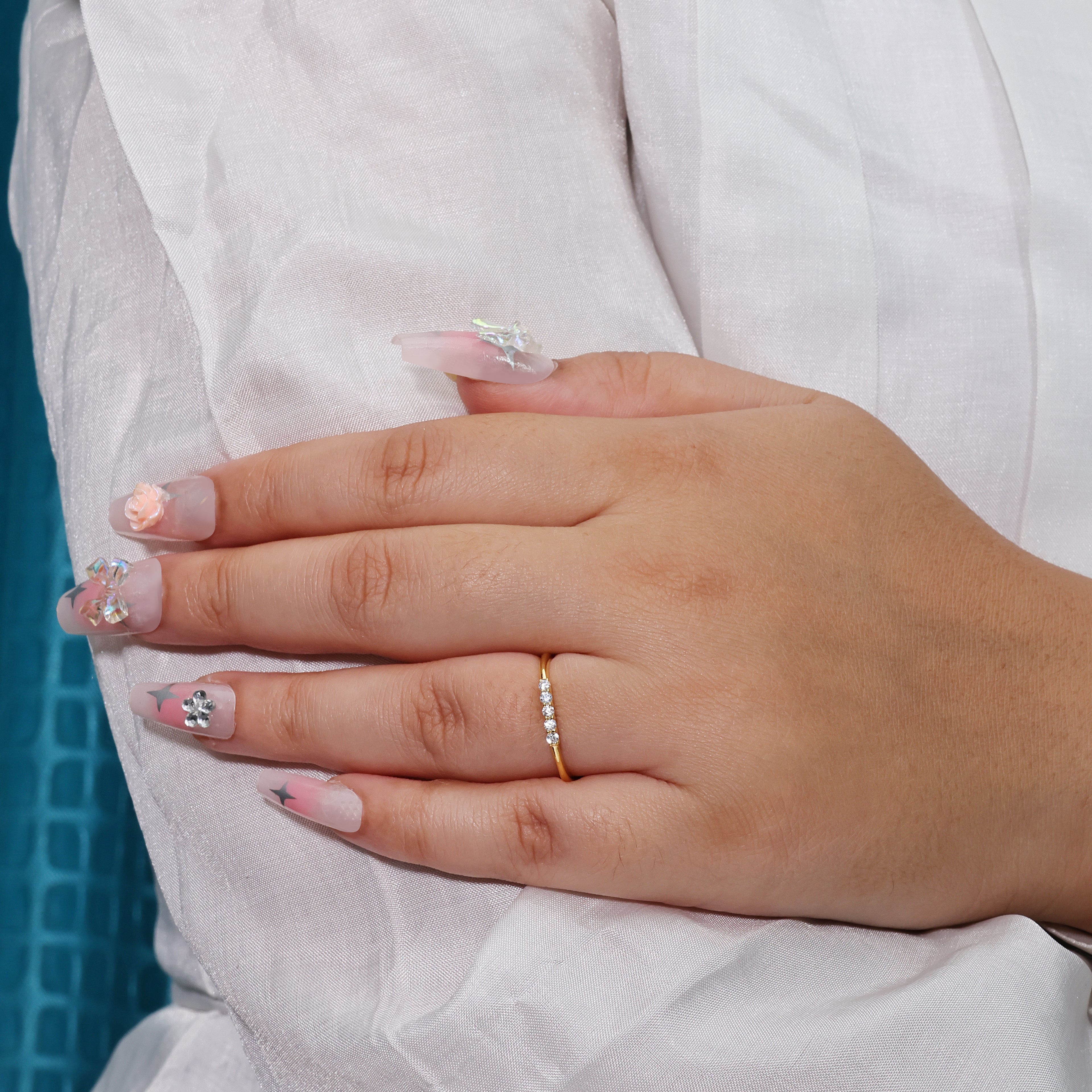 White Stone Gold Finish Adjustable Silver Ring