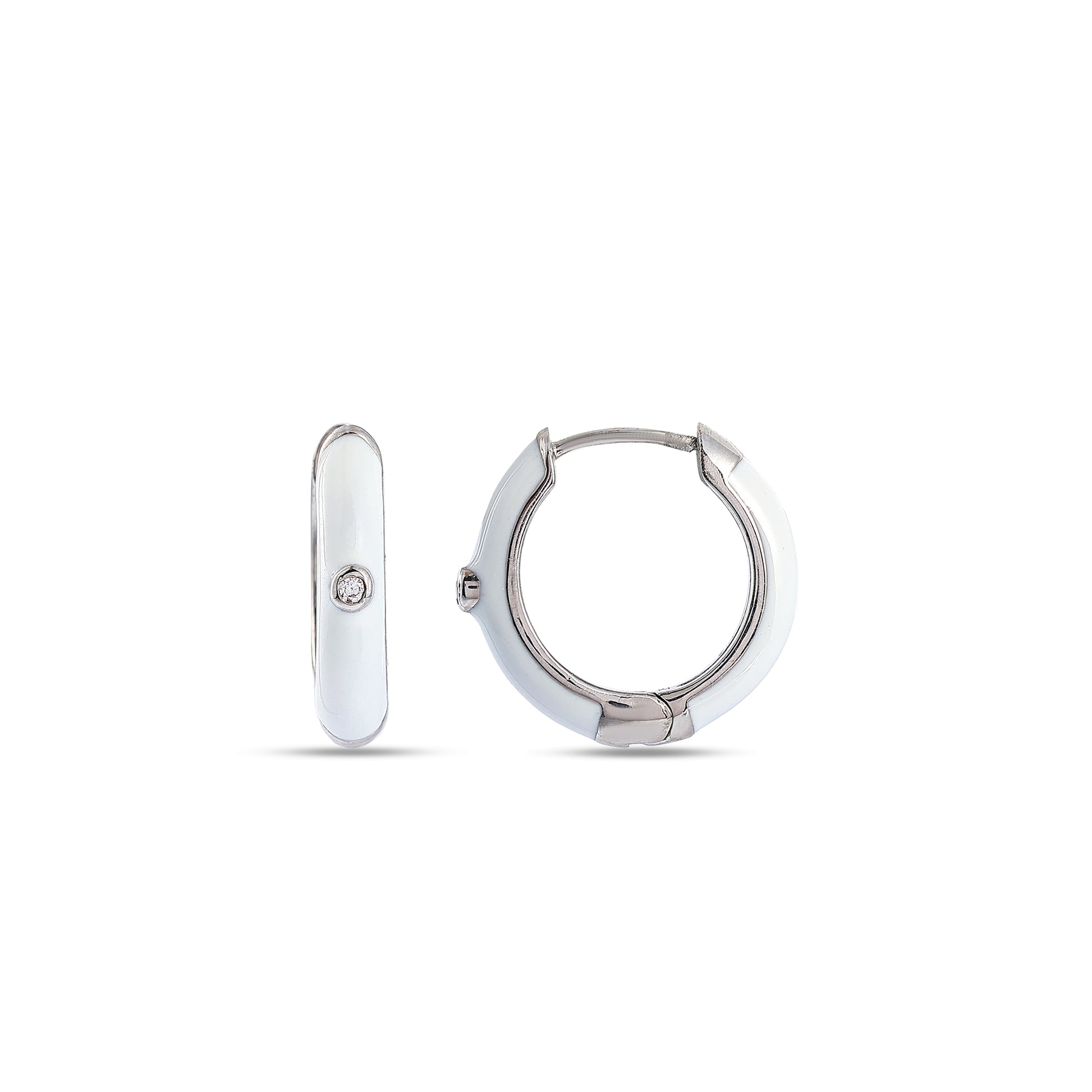 White Enamel Huggie Hoops with Crystal - 925 Sterling Silver