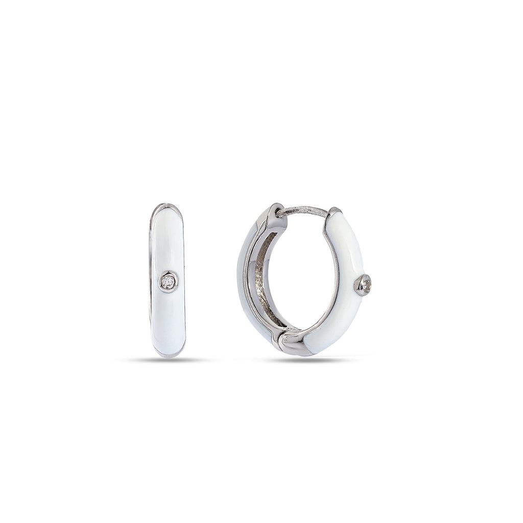 White Enamel Huggie Hoops with Crystal - 925 Sterling Silver