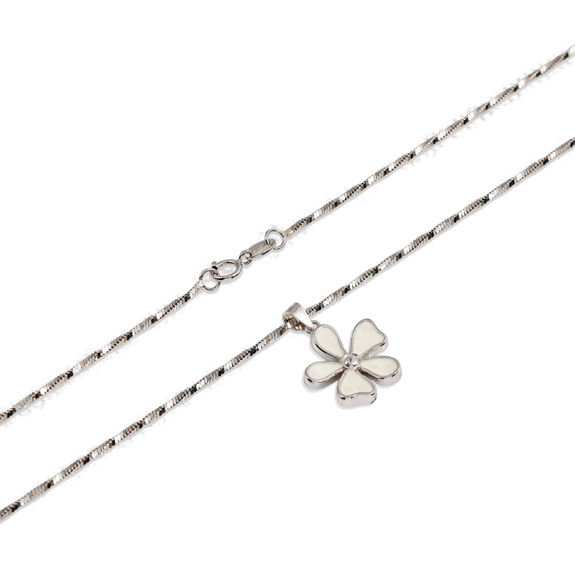 White Enamel Flower Pendant Necklace - 925 Sterling Silver