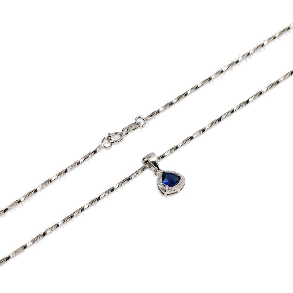 Blue Sapphire Teardrop Halo Necklace - 925 Sterling Silver