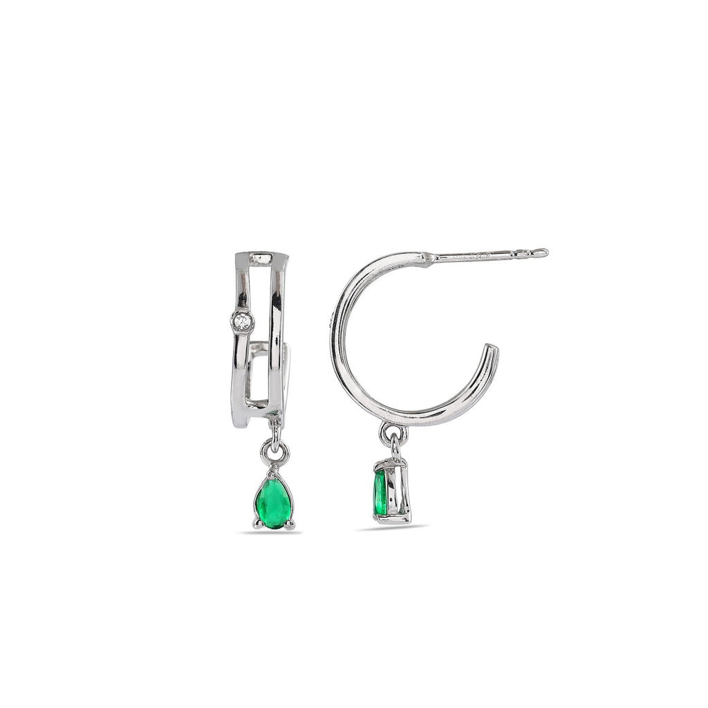 Double Band Silver Hoops with Emerald Green Drop - 925 Silver