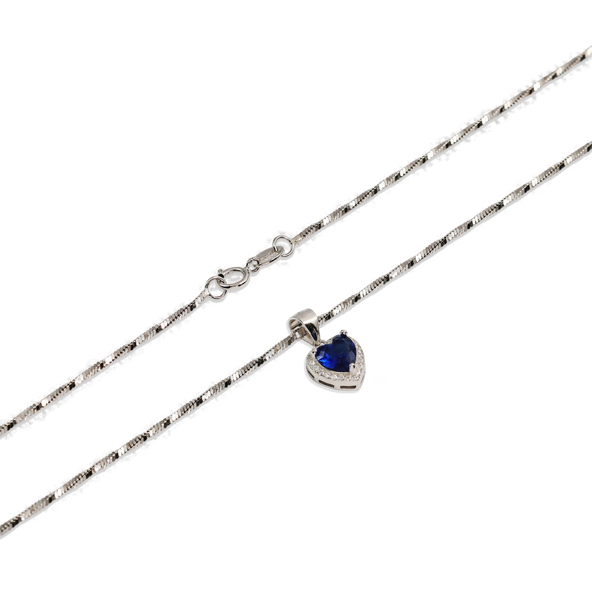 Blue Sapphire Heart Halo Necklace - 925 Sterling Silver