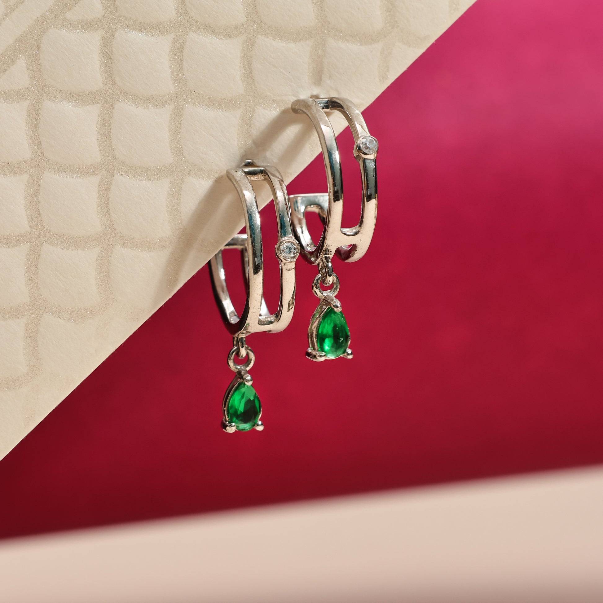 Double Band Silver Hoops with Emerald Green Drop - 925 Silver