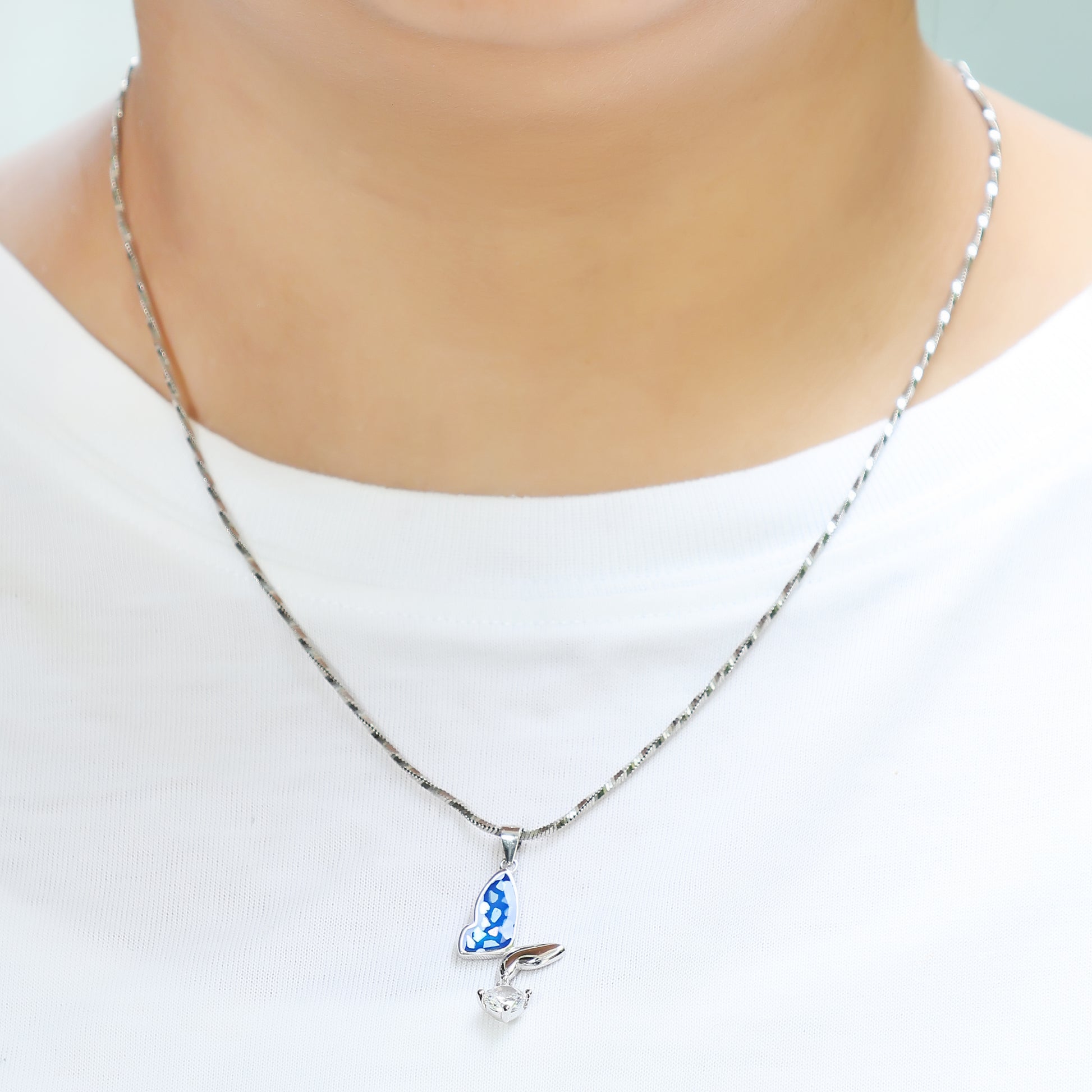 Dainty Blue Wing Butterfly Necklace - 925 Silver