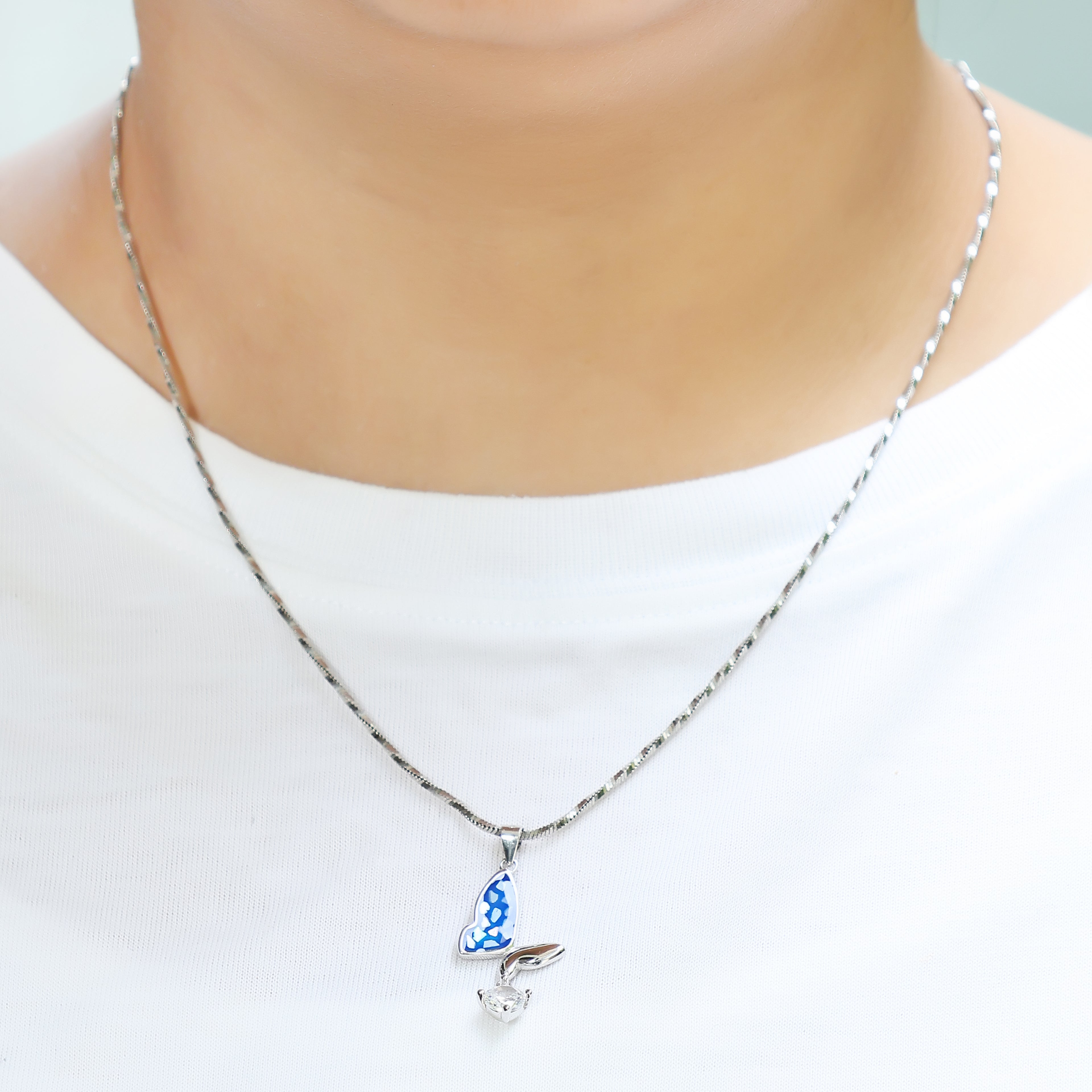 Dainty Blue Wing Butterfly Necklace - 925 Silver