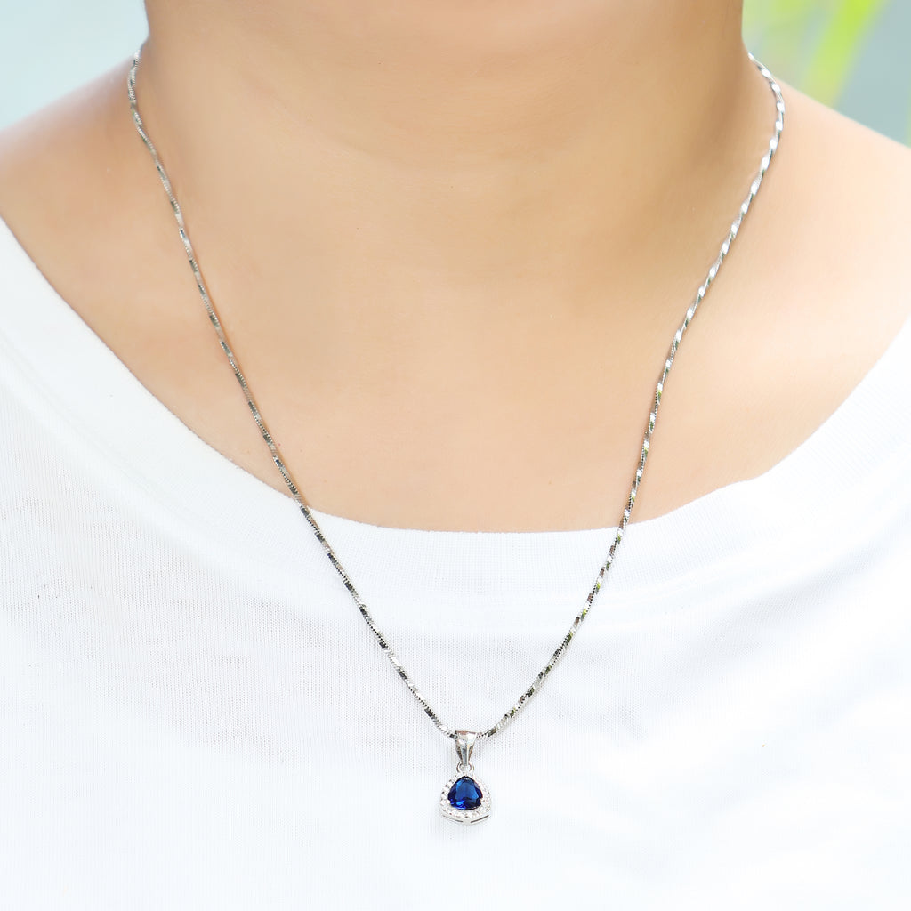 Blue Sapphire Teardrop Halo Necklace - 925 Sterling Silver