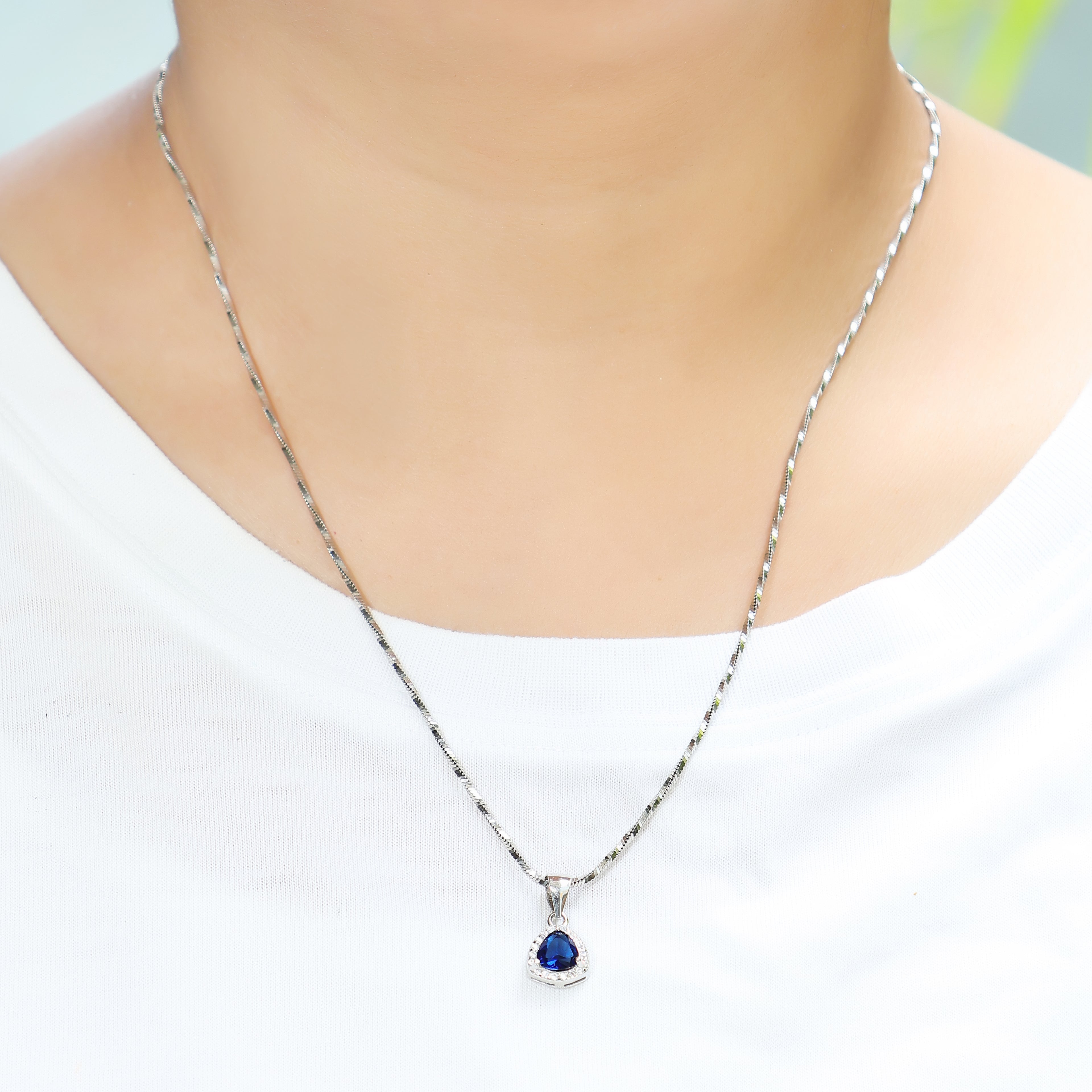 Blue Sapphire Teardrop Halo Necklace - 925 Sterling Silver