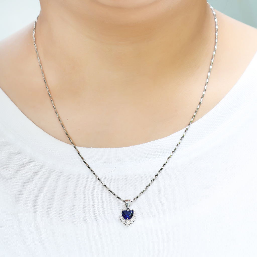 Blue Sapphire Heart Halo Necklace - 925 Sterling Silver