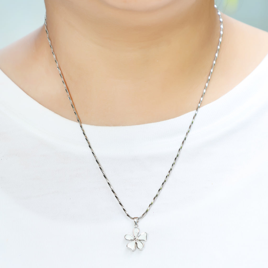 White Enamel Flower Pendant Necklace - 925 Sterling Silver