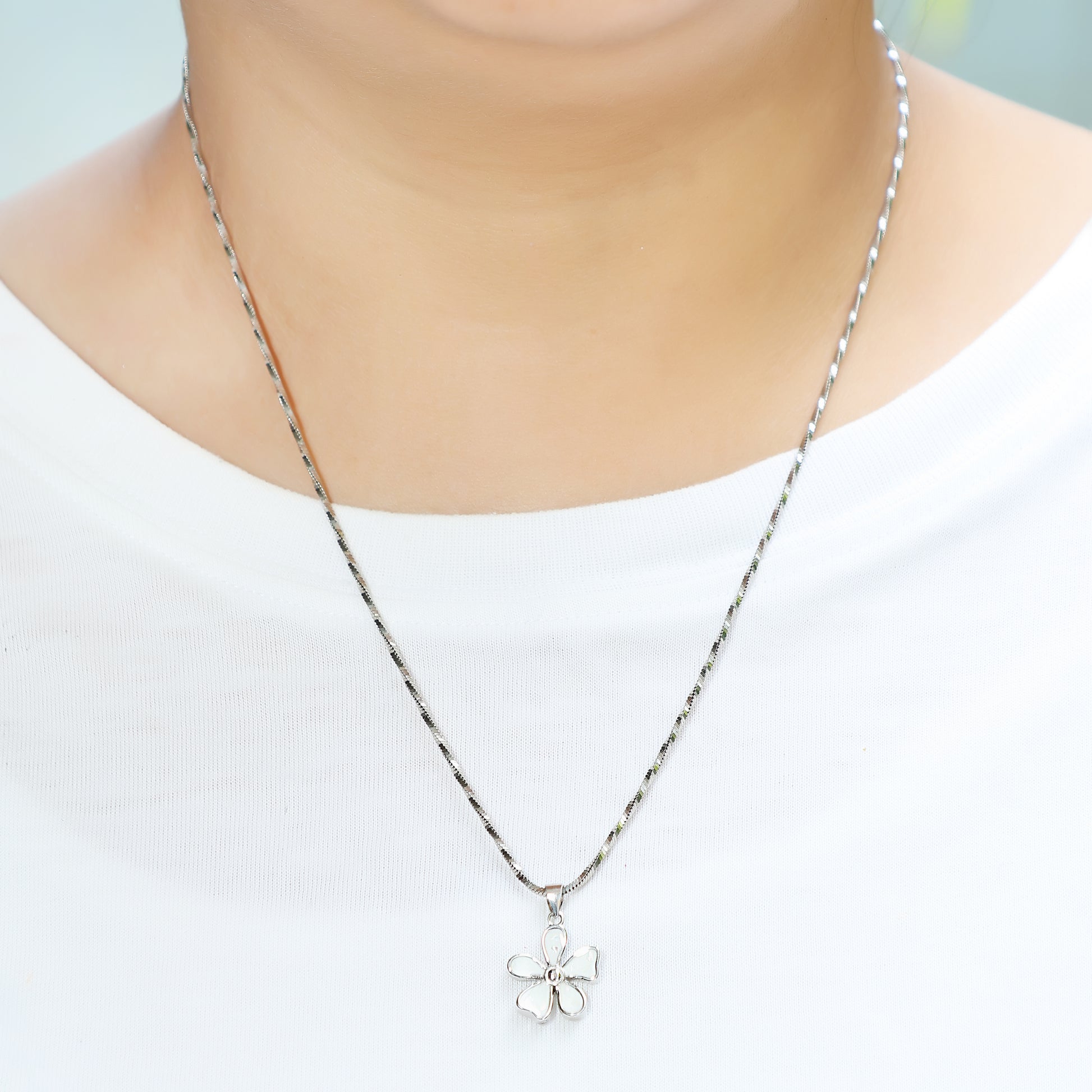 White Enamel Flower Pendant Necklace - 925 Sterling Silver