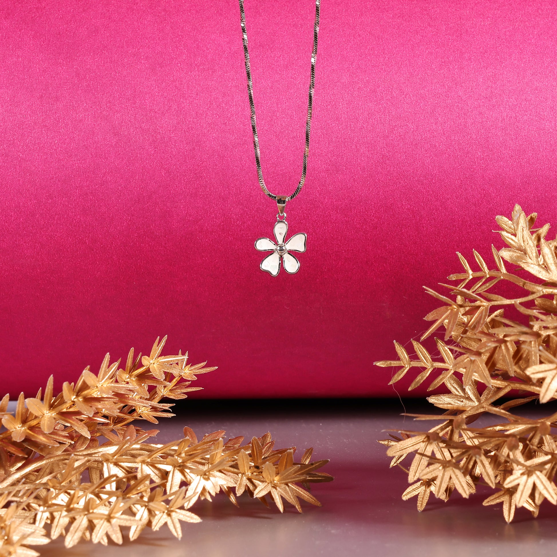 White Enamel Flower Pendant Necklace - 925 Sterling Silver