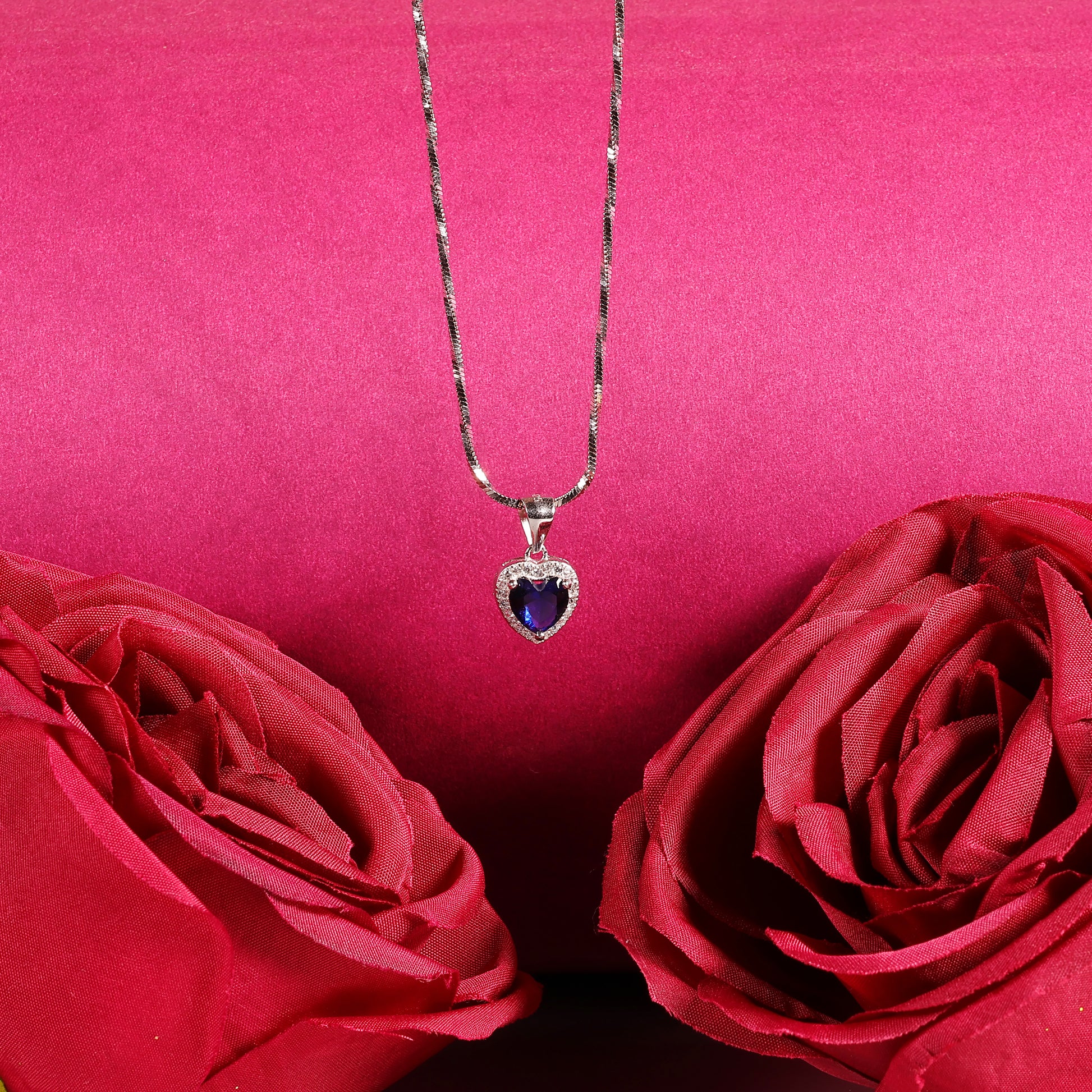 Blue Sapphire Heart Halo Necklace - 925 Sterling Silver