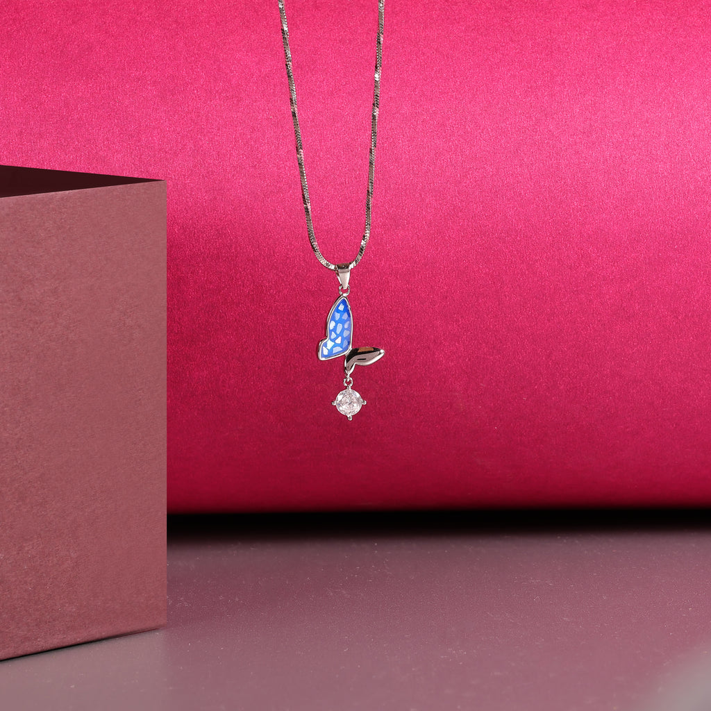 Dainty Blue Wing Butterfly Necklace - 925 Silver