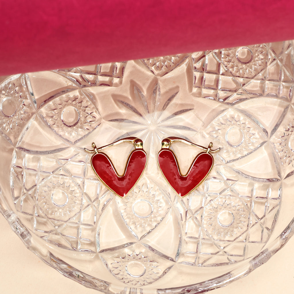 Red Enamel Heart Huggie Hoops - 925 Silver