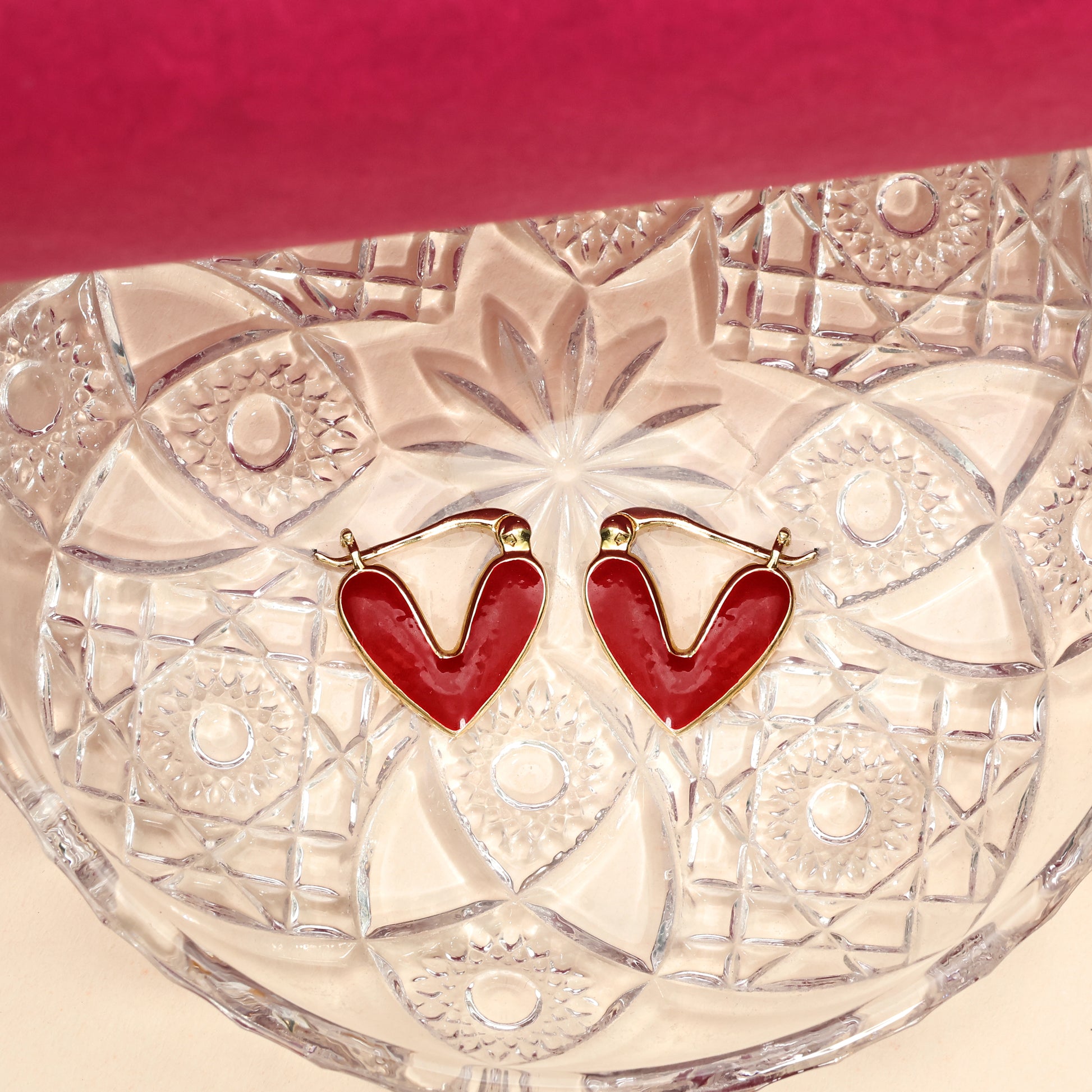 Red Enamel Heart Huggie Hoops - 925 Silver
