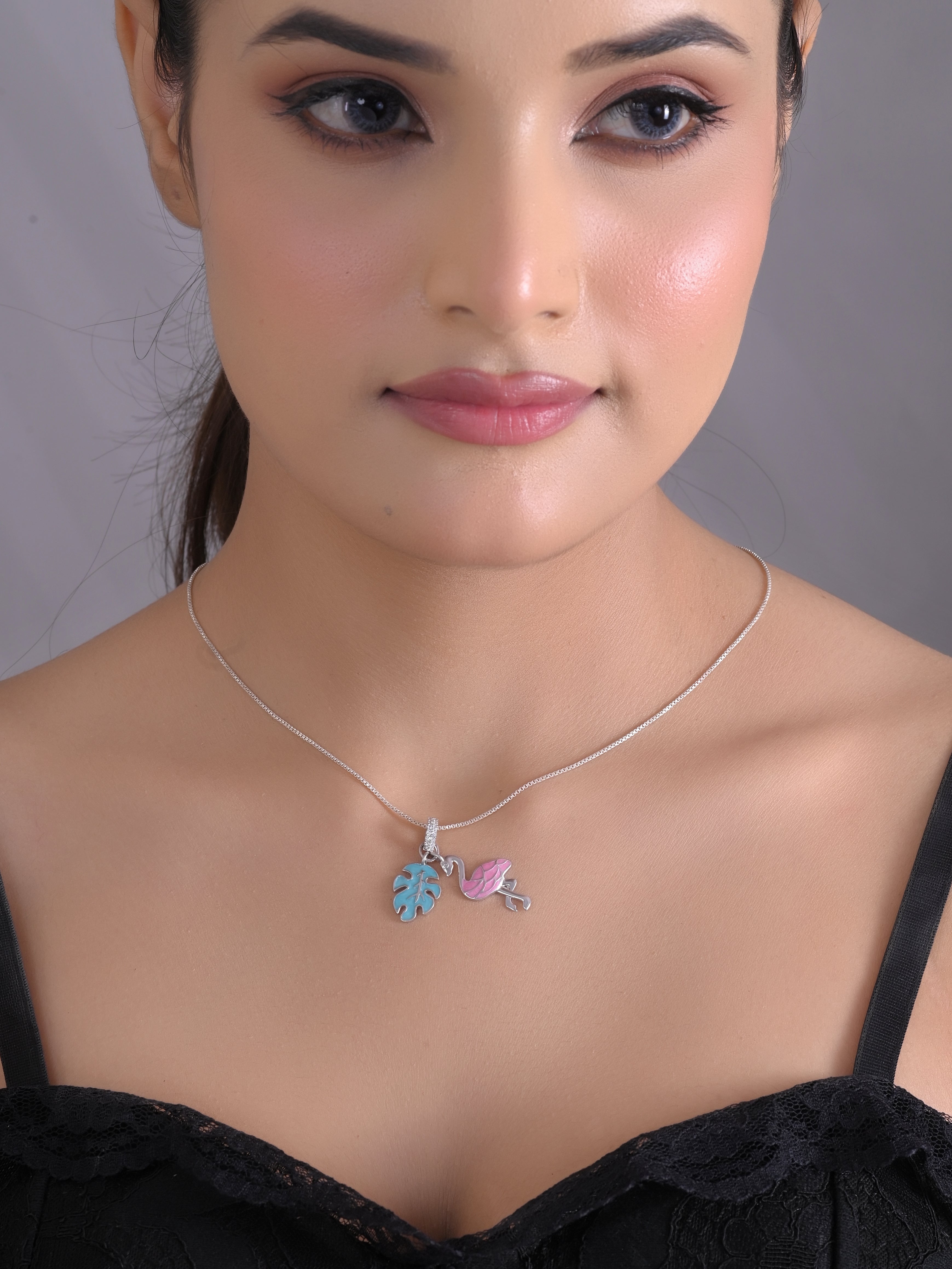 Tropical Pink Flamingo & Blue Leaf Necklace - 925 Sterling Silver