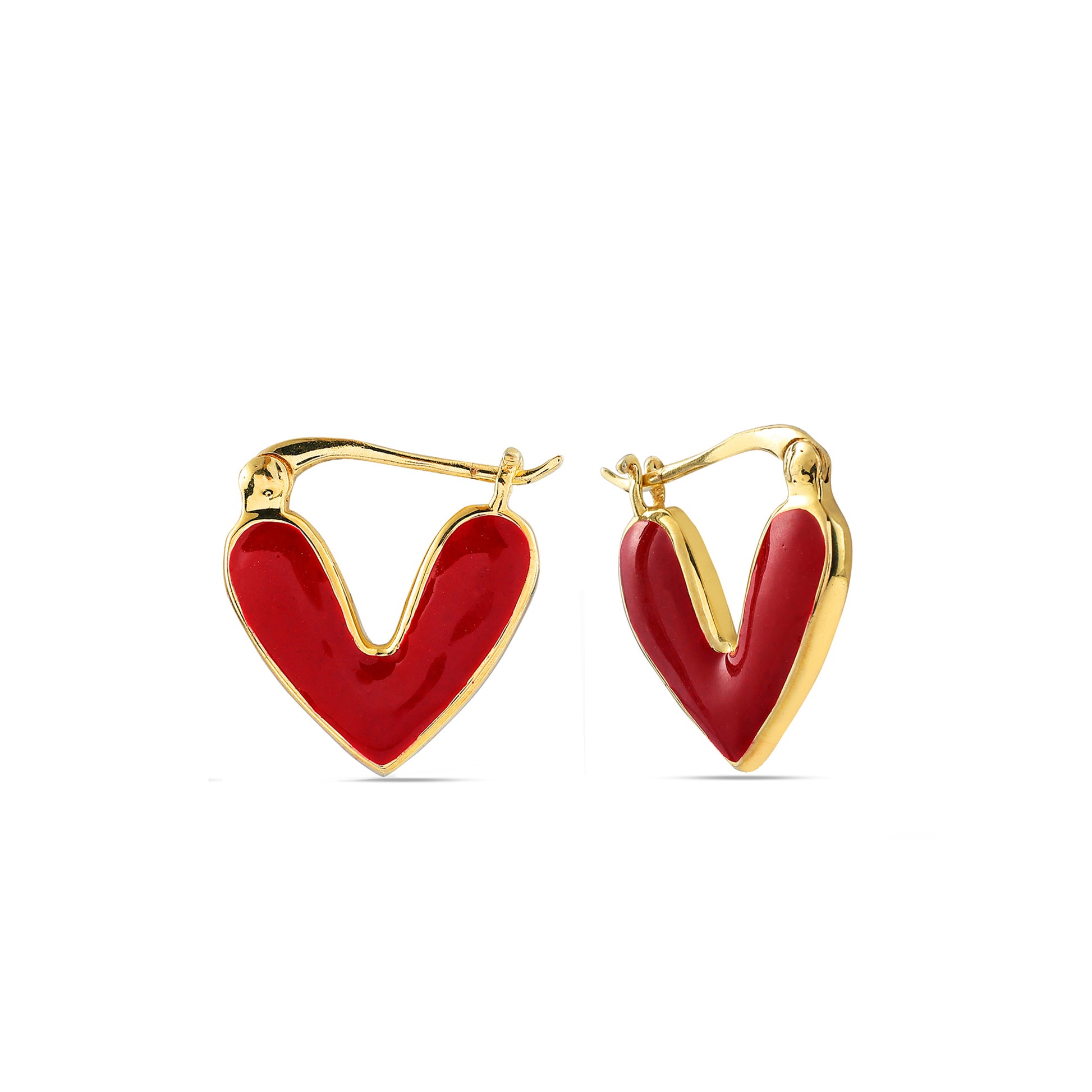 Red Enamel Heart Huggie Hoops - 925 Silver