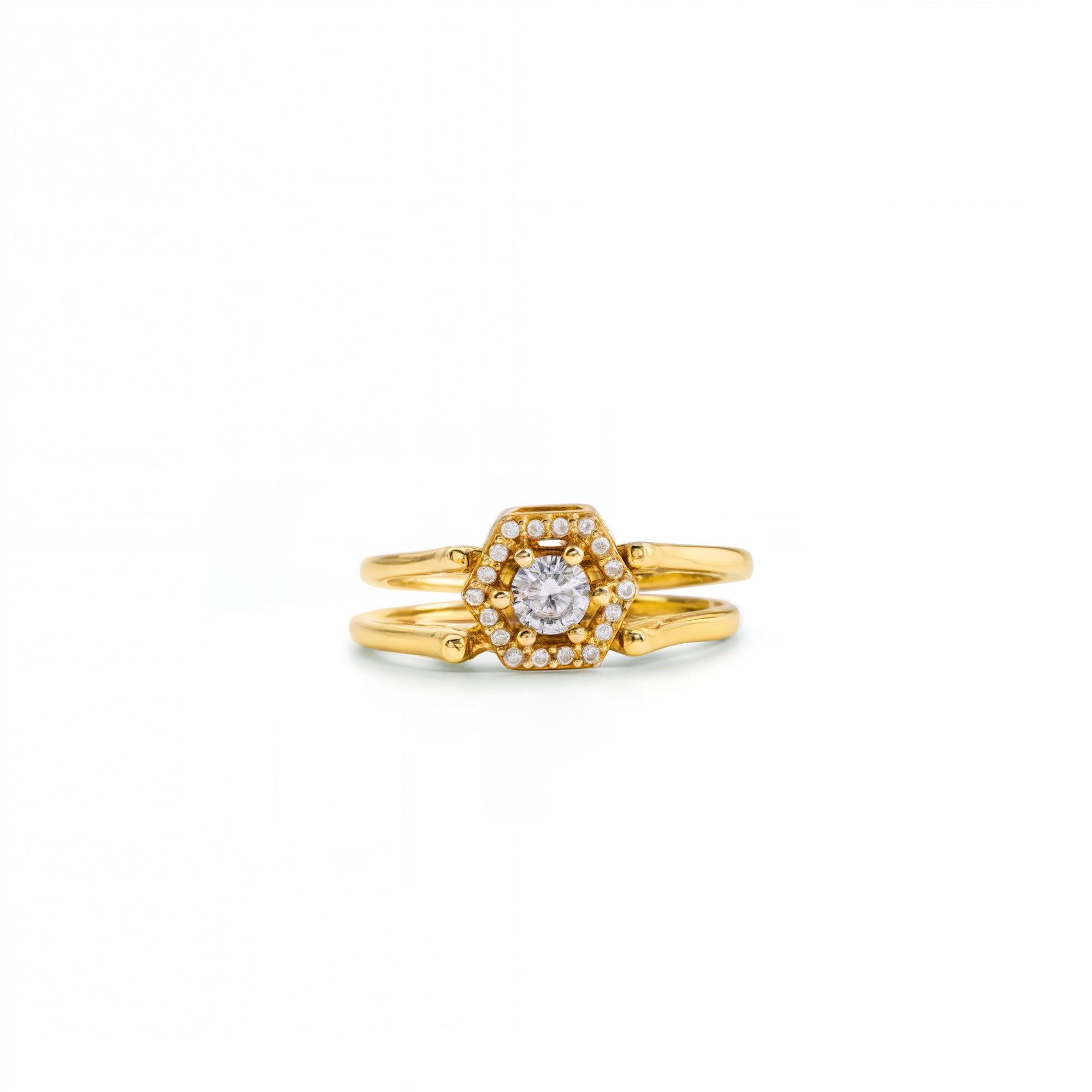 Gold ring with a diamond on a white background