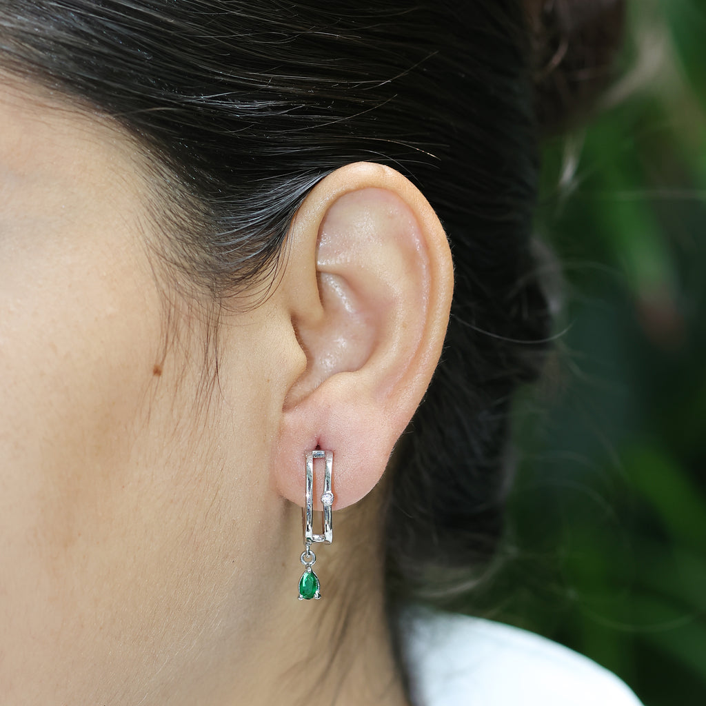 Double Band Silver Hoops with Emerald Green Drop - 925 Silver