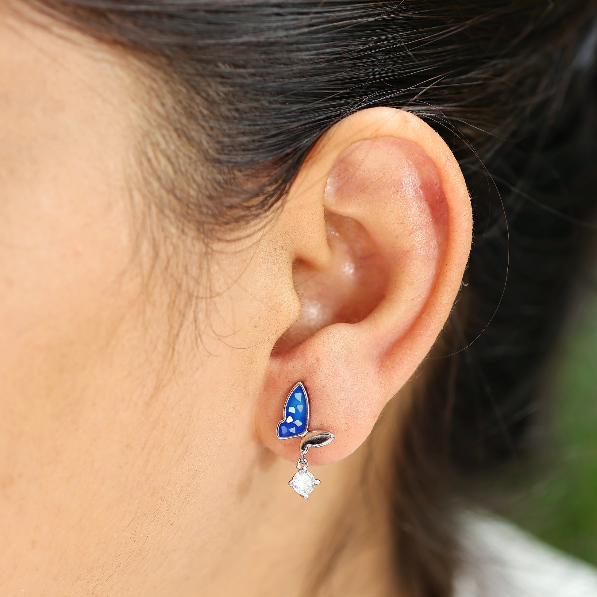 925 Silver Enamel Butterfly CZ Earrings