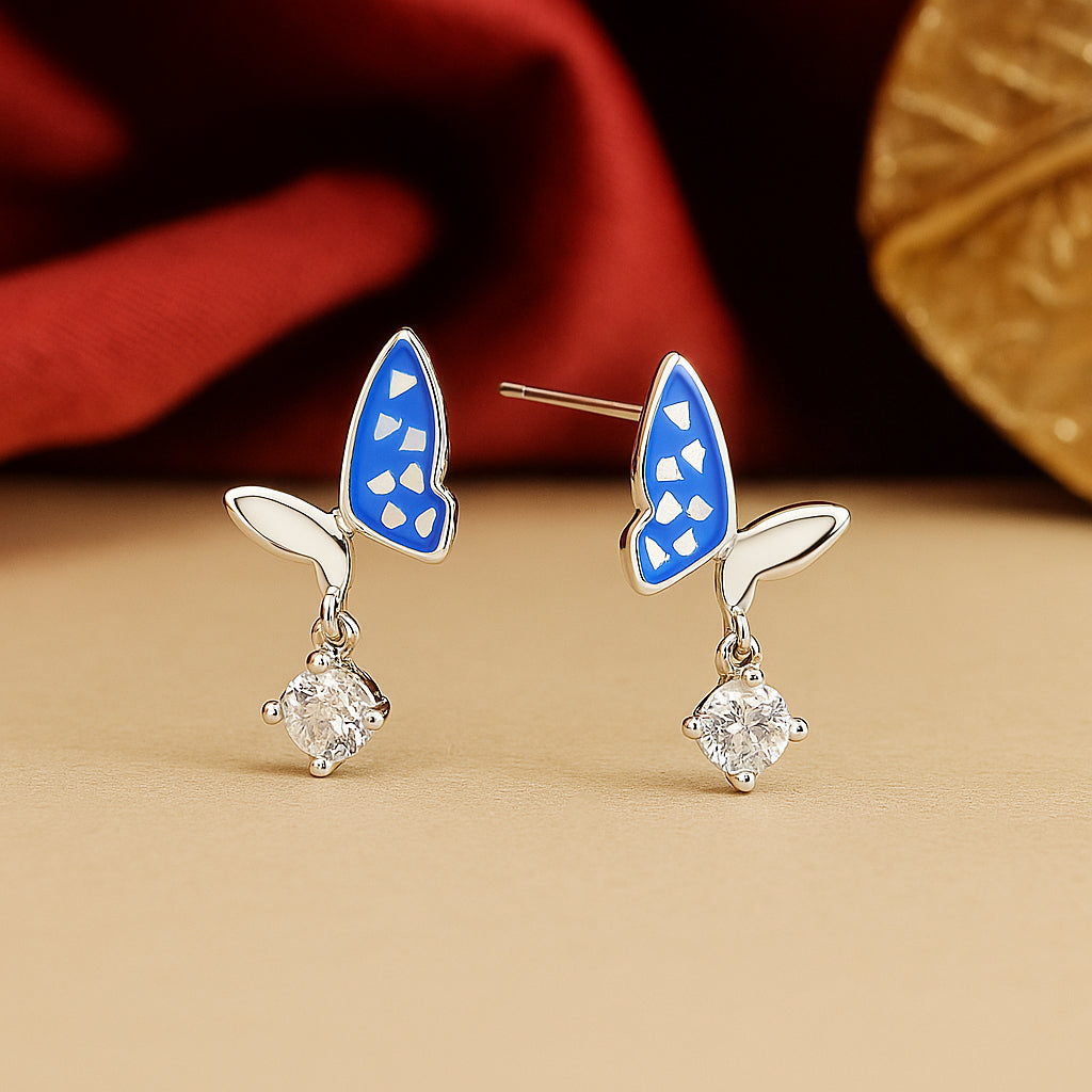 925 Silver Enamel Butterfly CZ Earrings