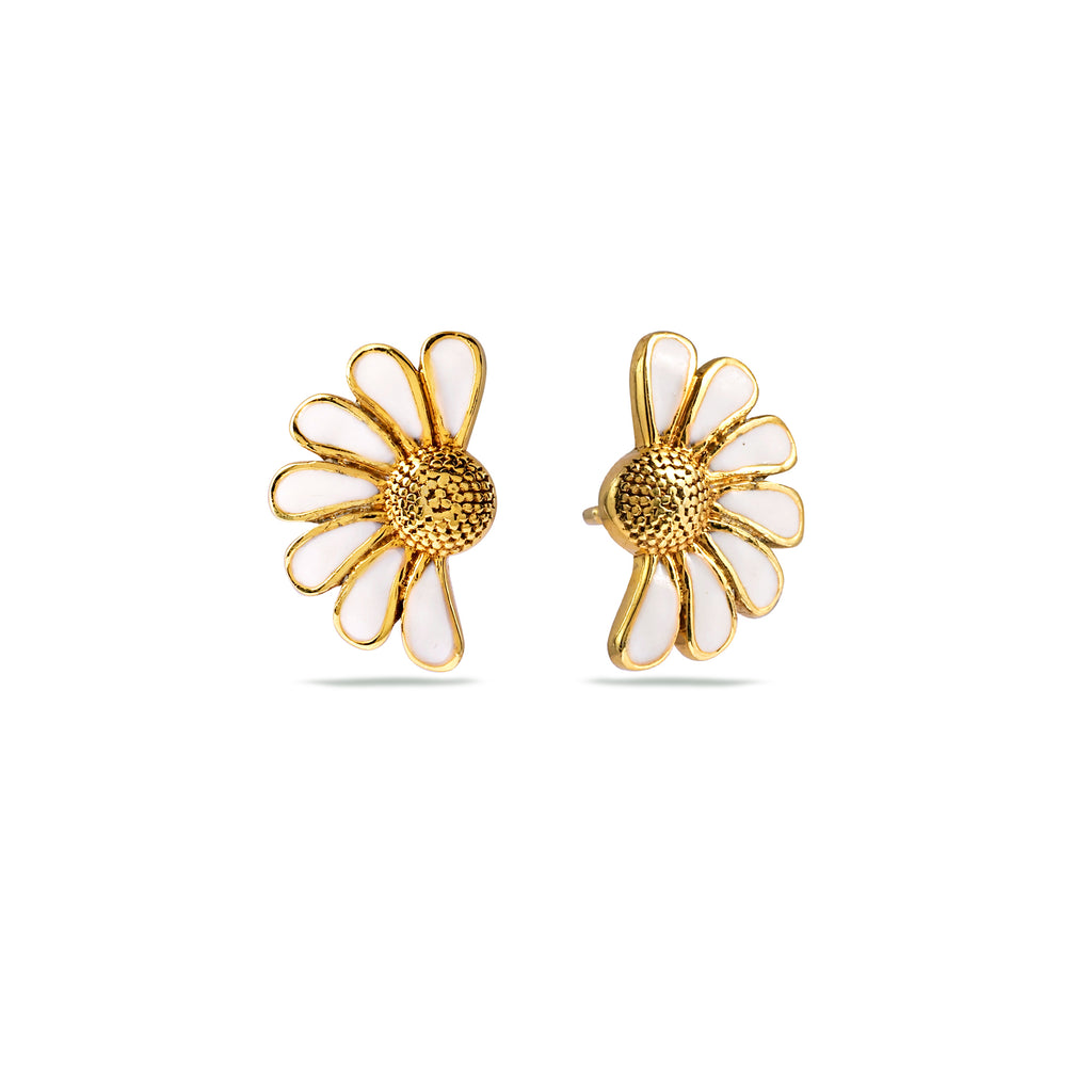White Enamel Daisy Stud Earrings - 925 Silver (Gold Plated)