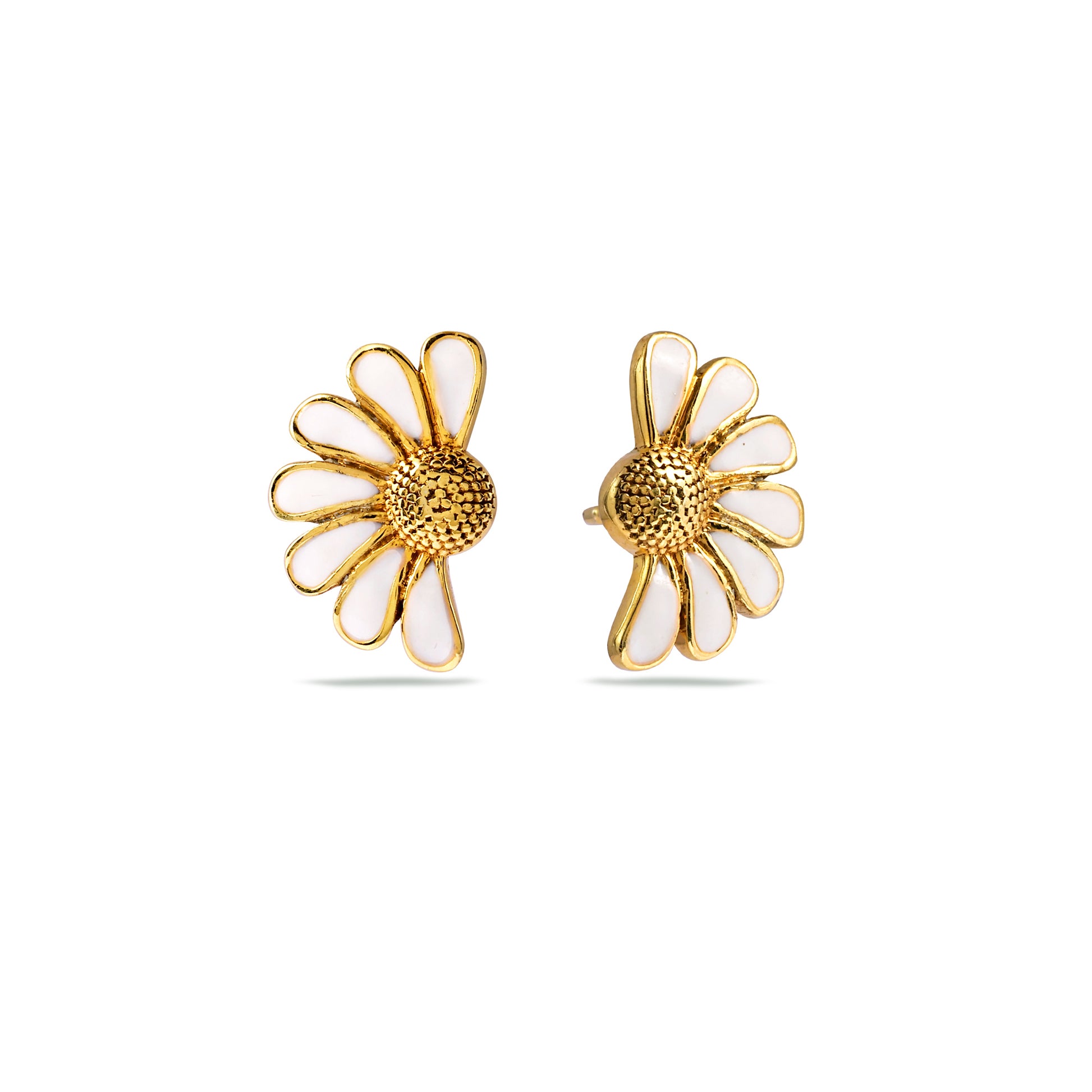White Enamel Daisy Stud Earrings - 925 Silver (Gold Plated)
