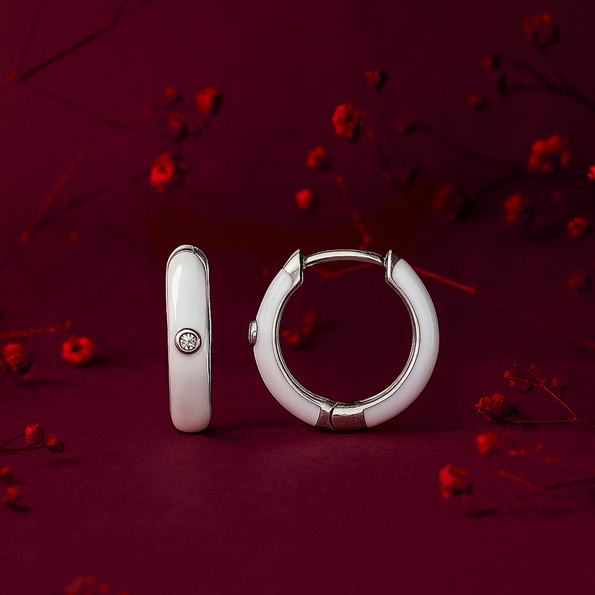 White Enamel Huggie Hoops with Crystal - 925 Sterling Silver