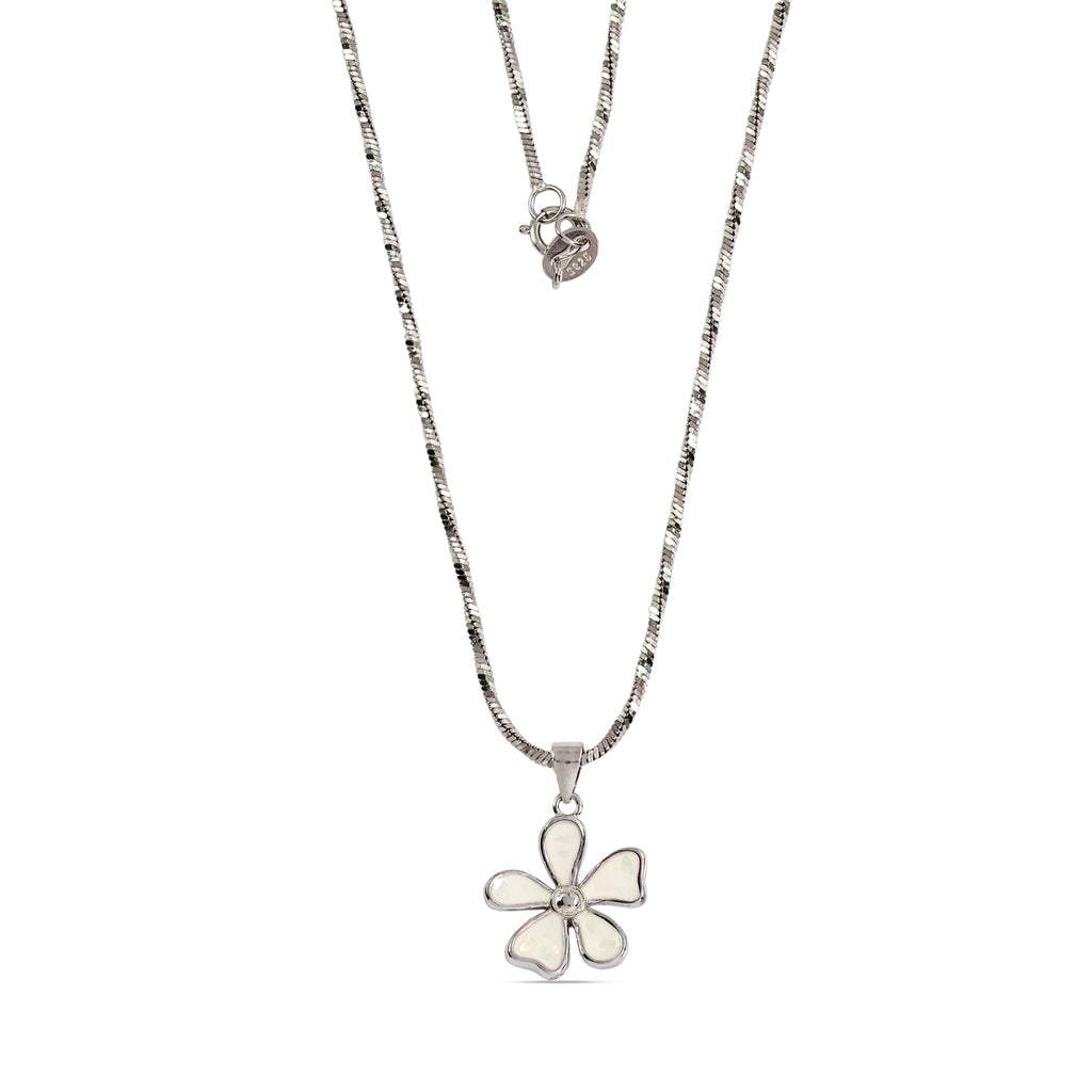 White Enamel Flower Pendant Necklace - 925 Sterling Silver