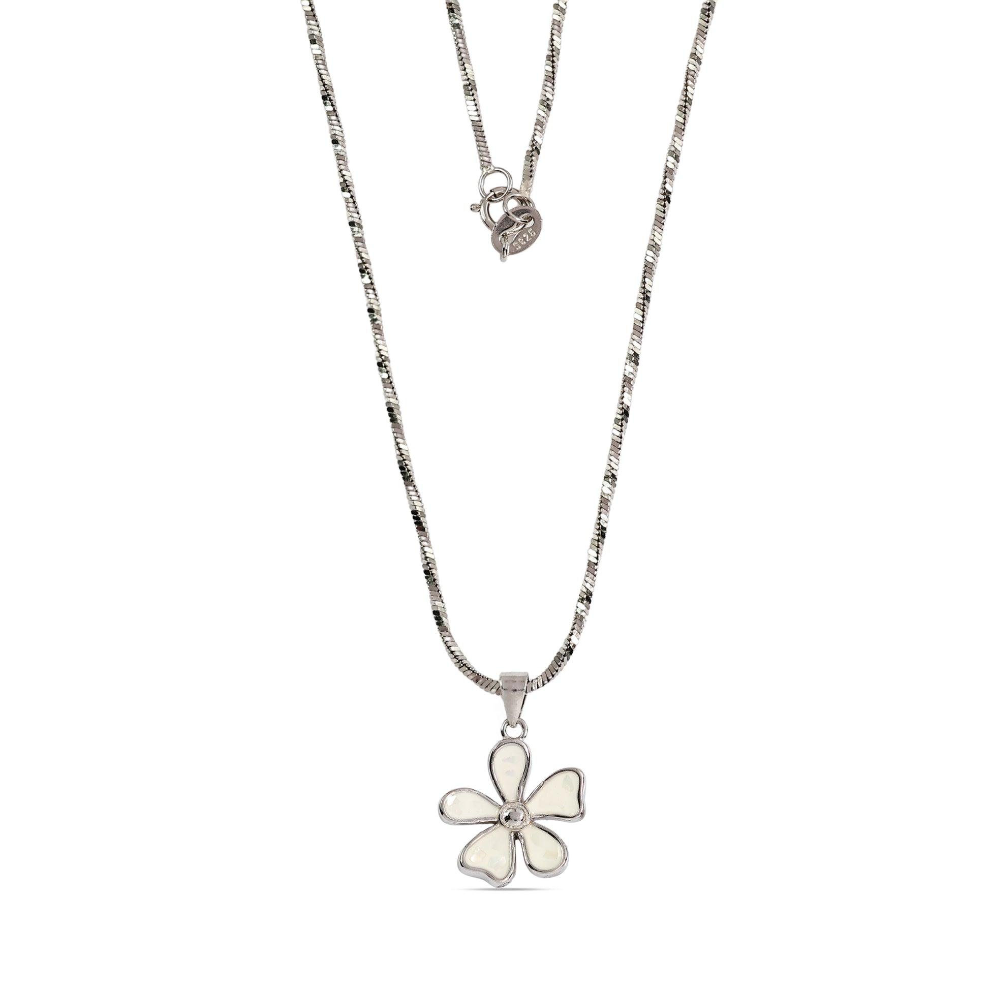 White Enamel Flower Pendant Necklace - 925 Sterling Silver
