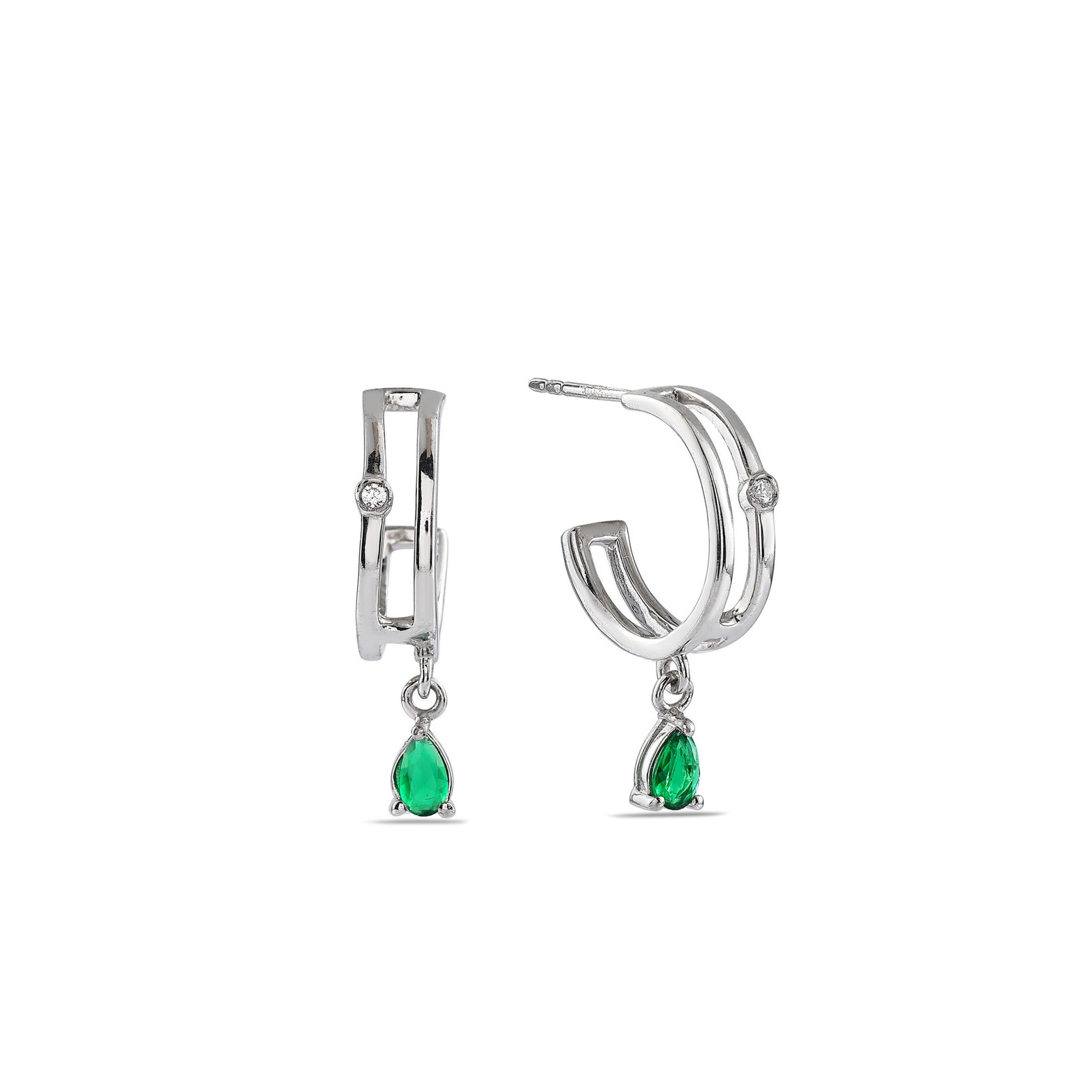 Double Band Silver Hoops with Emerald Green Drop - 925 Silver