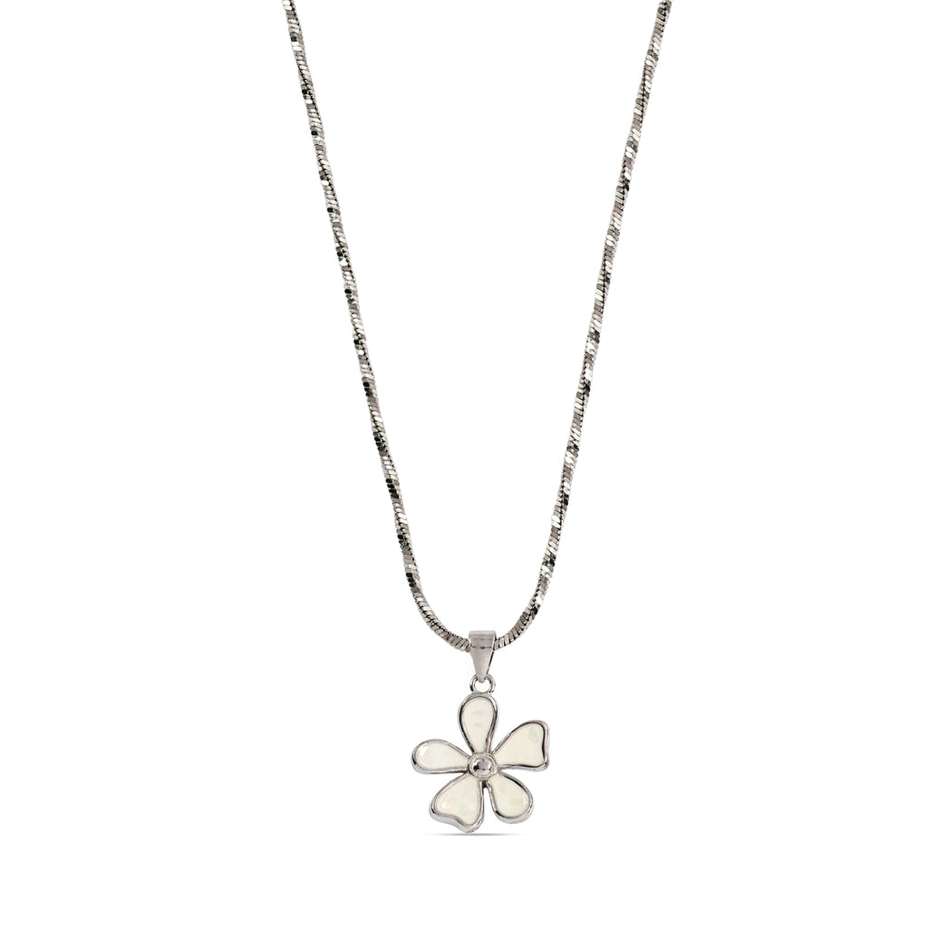 White Enamel Flower Pendant Necklace - 925 Sterling Silver