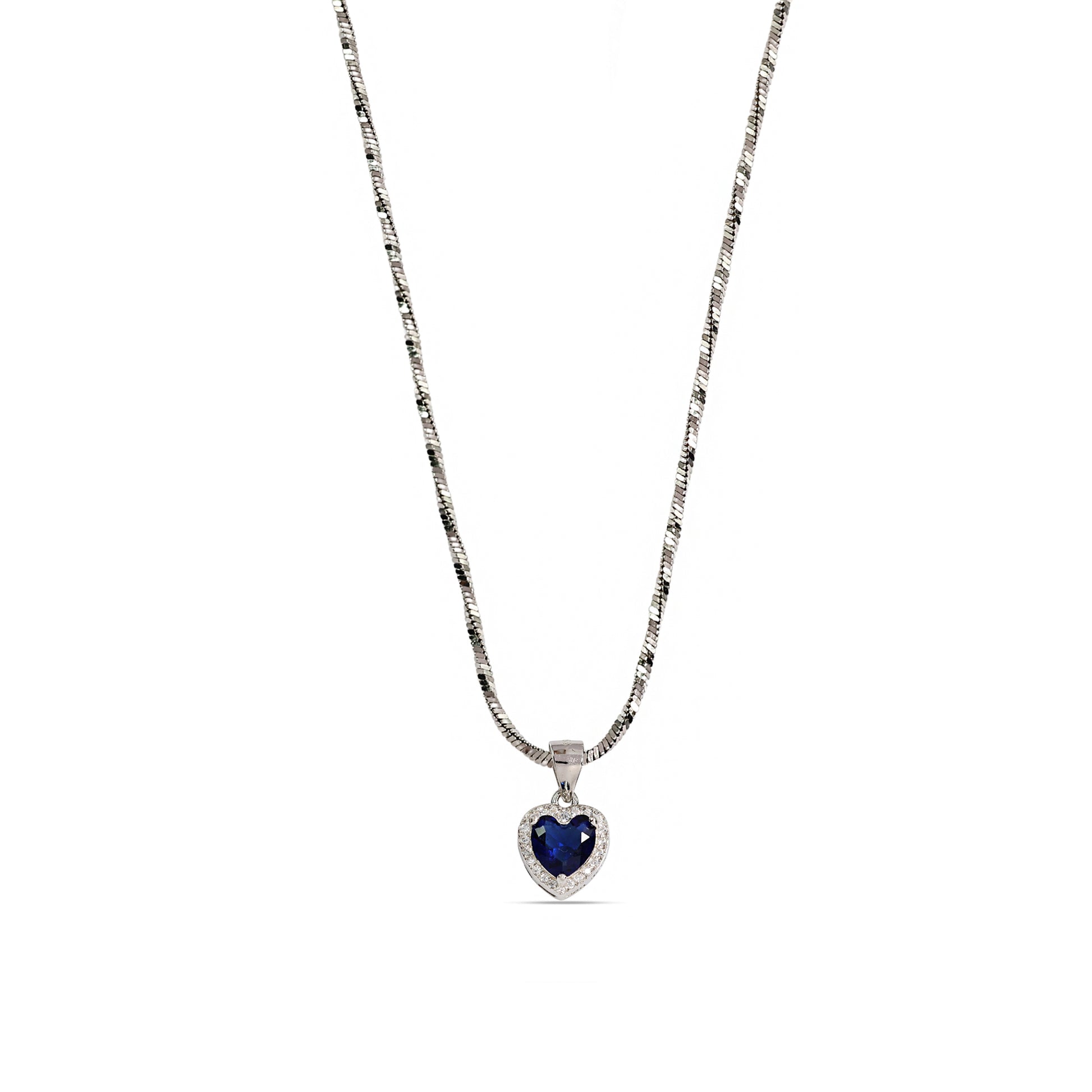 Blue Sapphire Heart Halo Necklace - 925 Sterling Silver