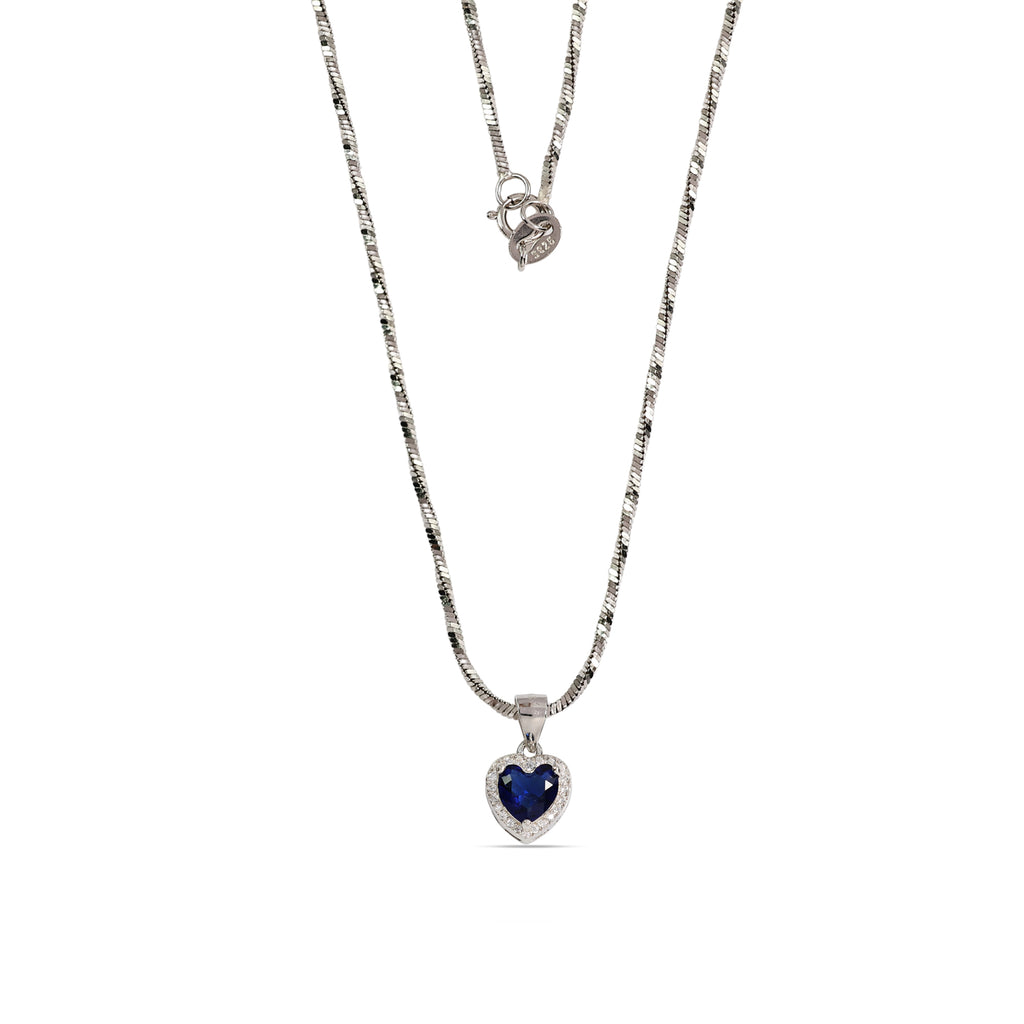 Blue Sapphire Heart Halo Necklace - 925 Sterling Silver