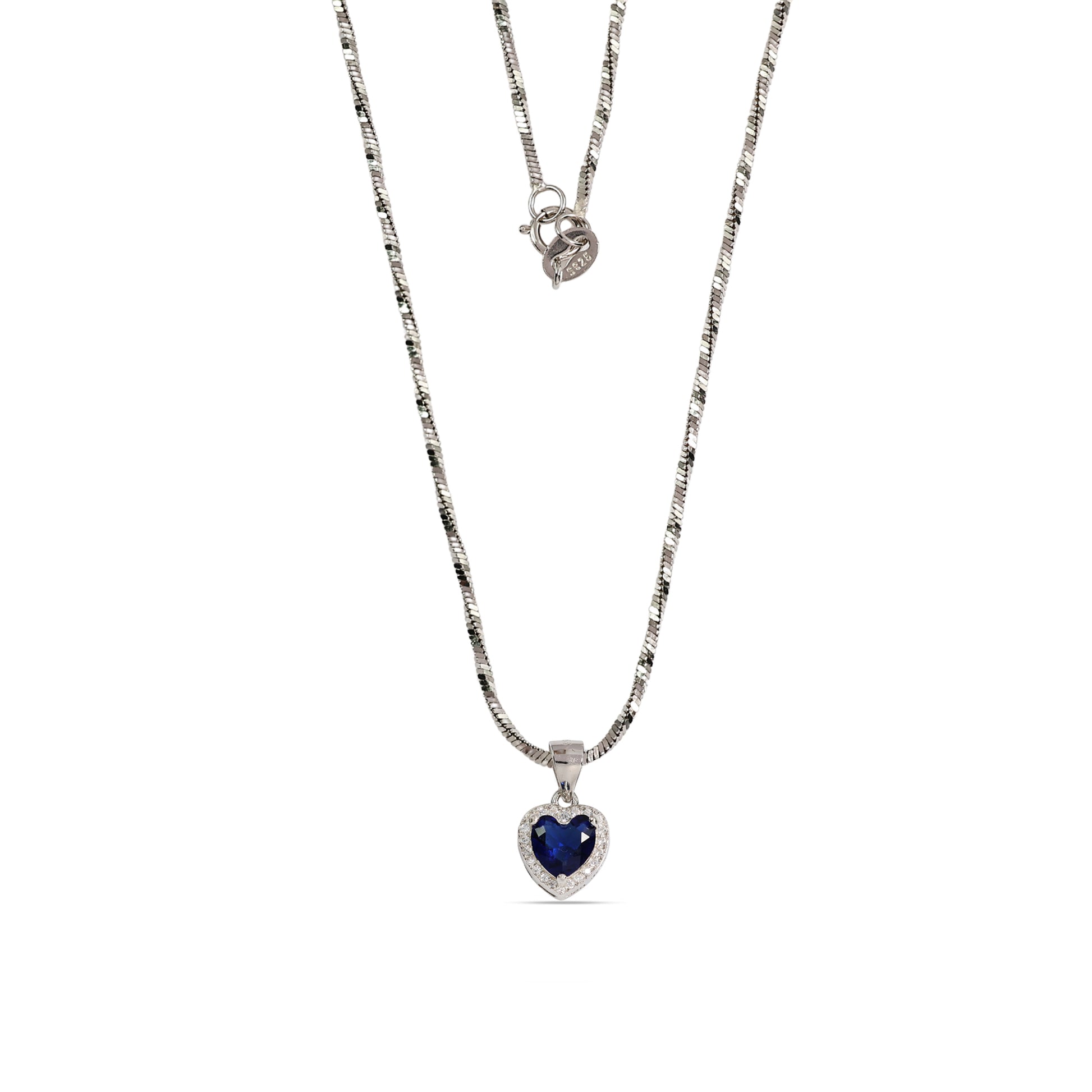 Blue Sapphire Heart Halo Necklace - 925 Sterling Silver