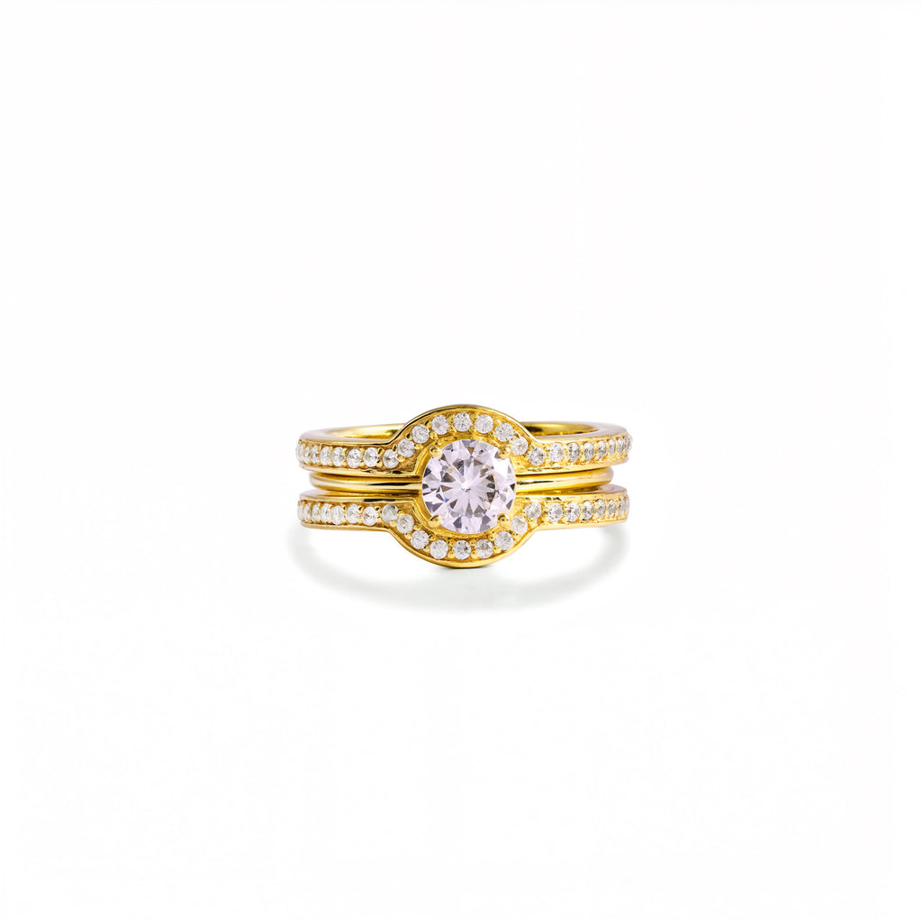 Gold Solitaire Ring Set with Matching Curved Pave Band