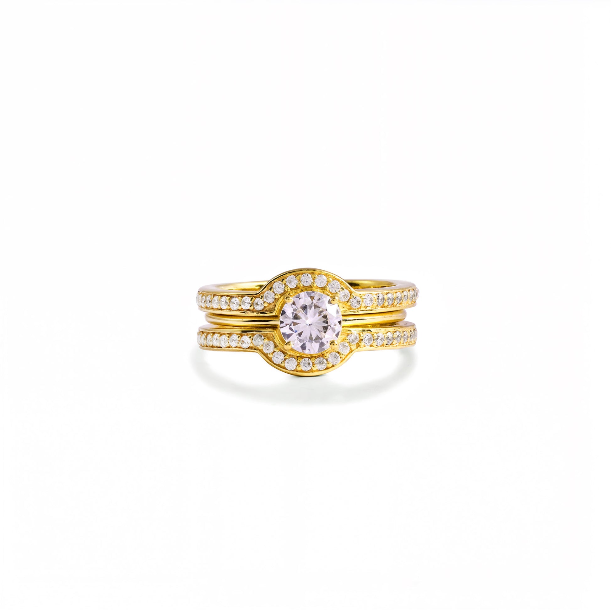 Gold Solitaire Ring Set with Matching Curved Pave Band