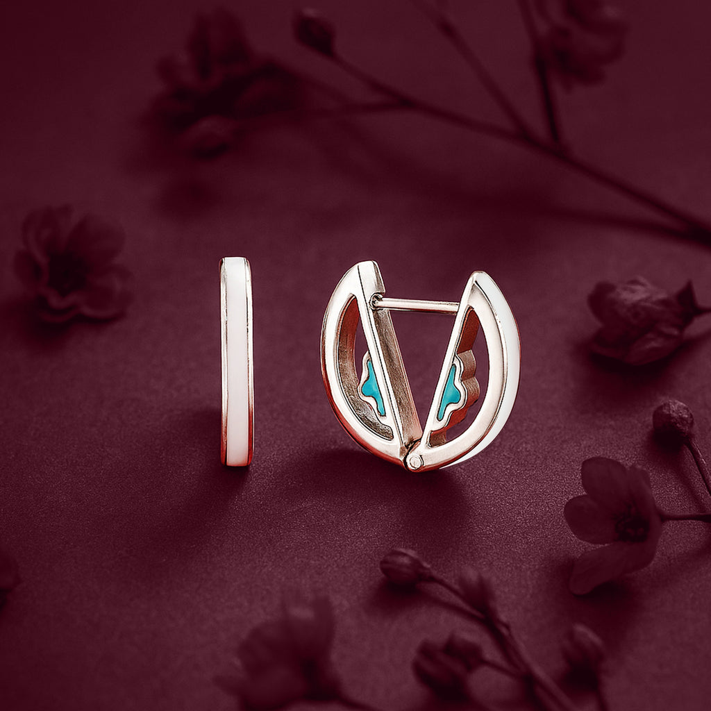 White Enamel Huggie Hoops with Turquoise Detail - 925 Silver