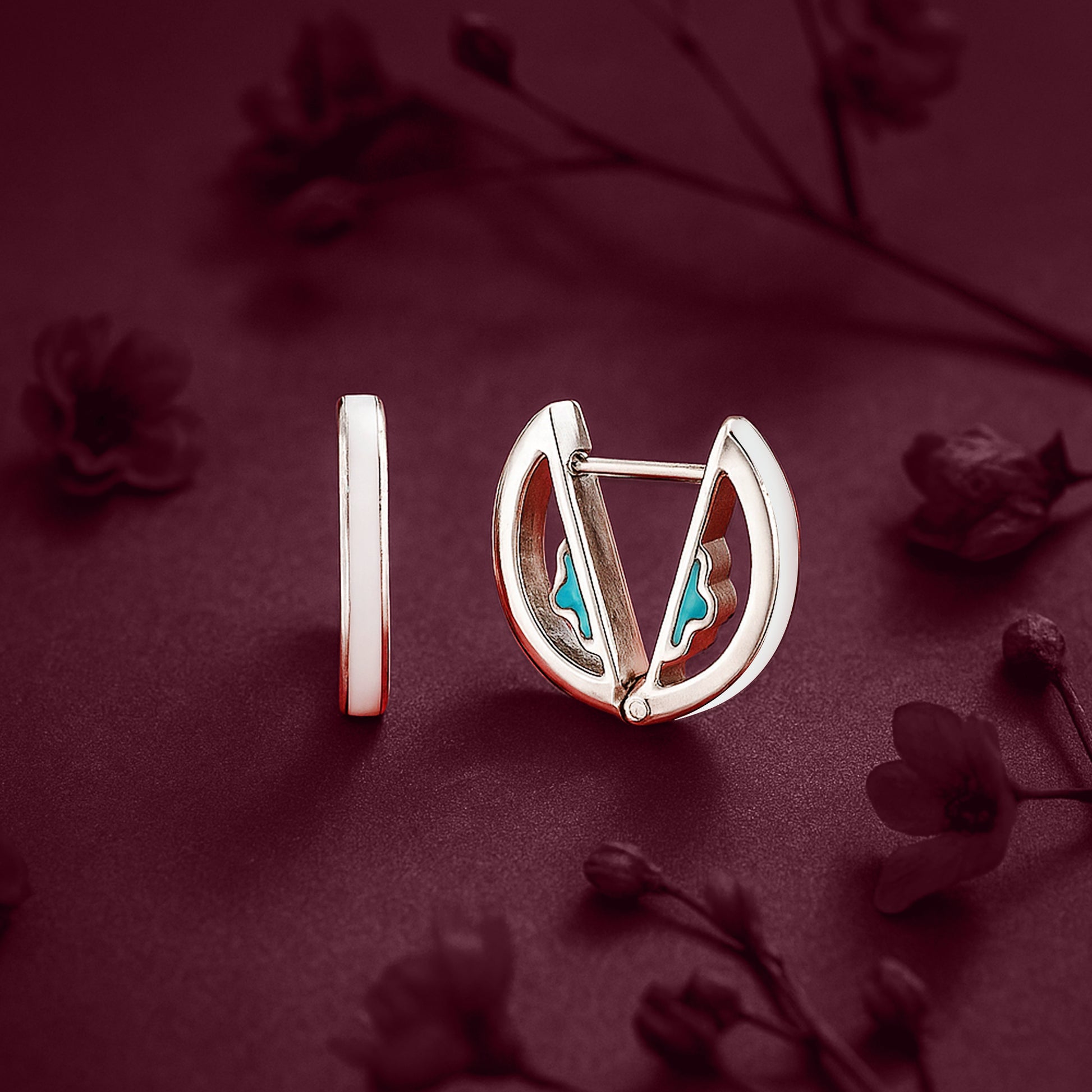 White Enamel Huggie Hoops with Turquoise Detail - 925 Silver