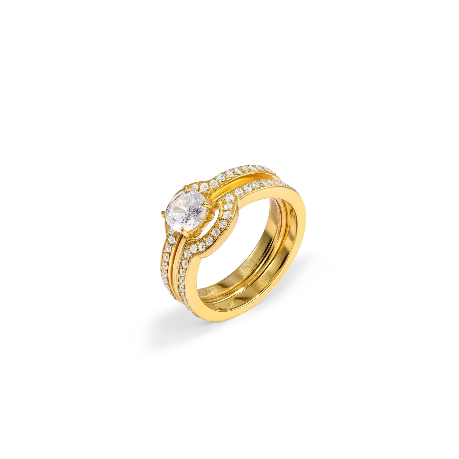 Gold Solitaire Ring Set with Matching Curved Pave Band
