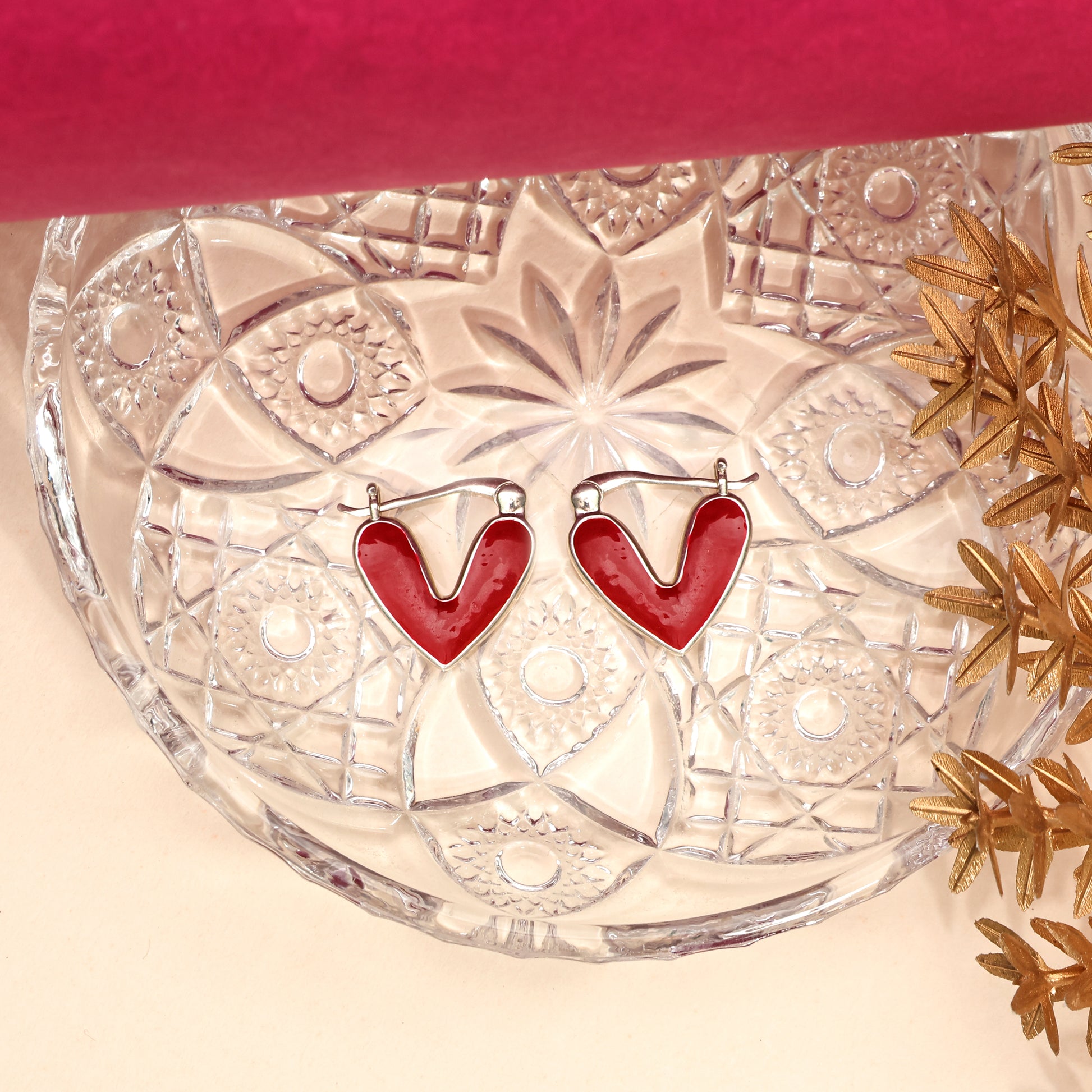 Red Enamel Heart Huggie Hoops - 925 Silver
