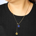 Gold Lapis Blue Square Lariat Necklace