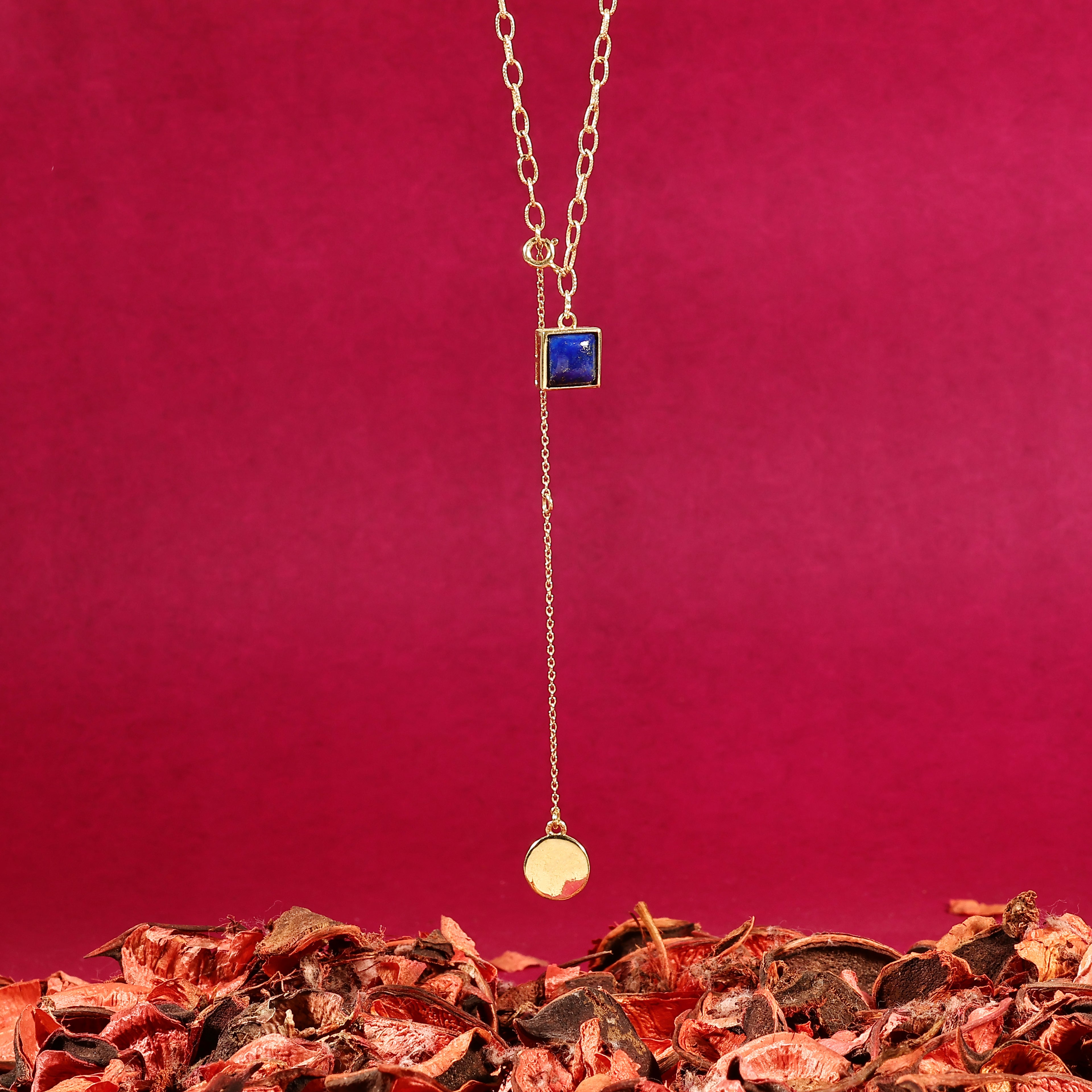 Gold Lapis Blue Square Lariat Necklace
