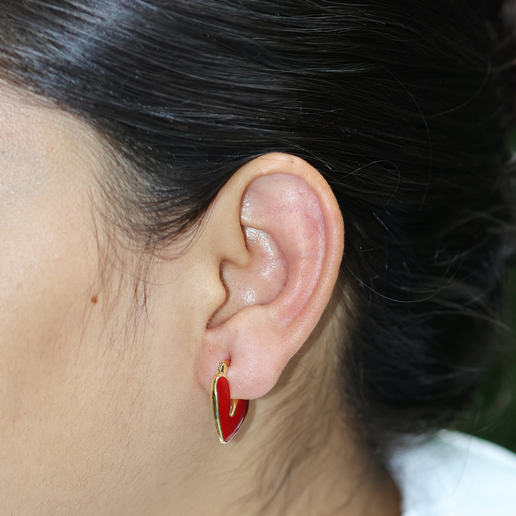 Red Enamel Heart Huggie Hoops - 925 Silver