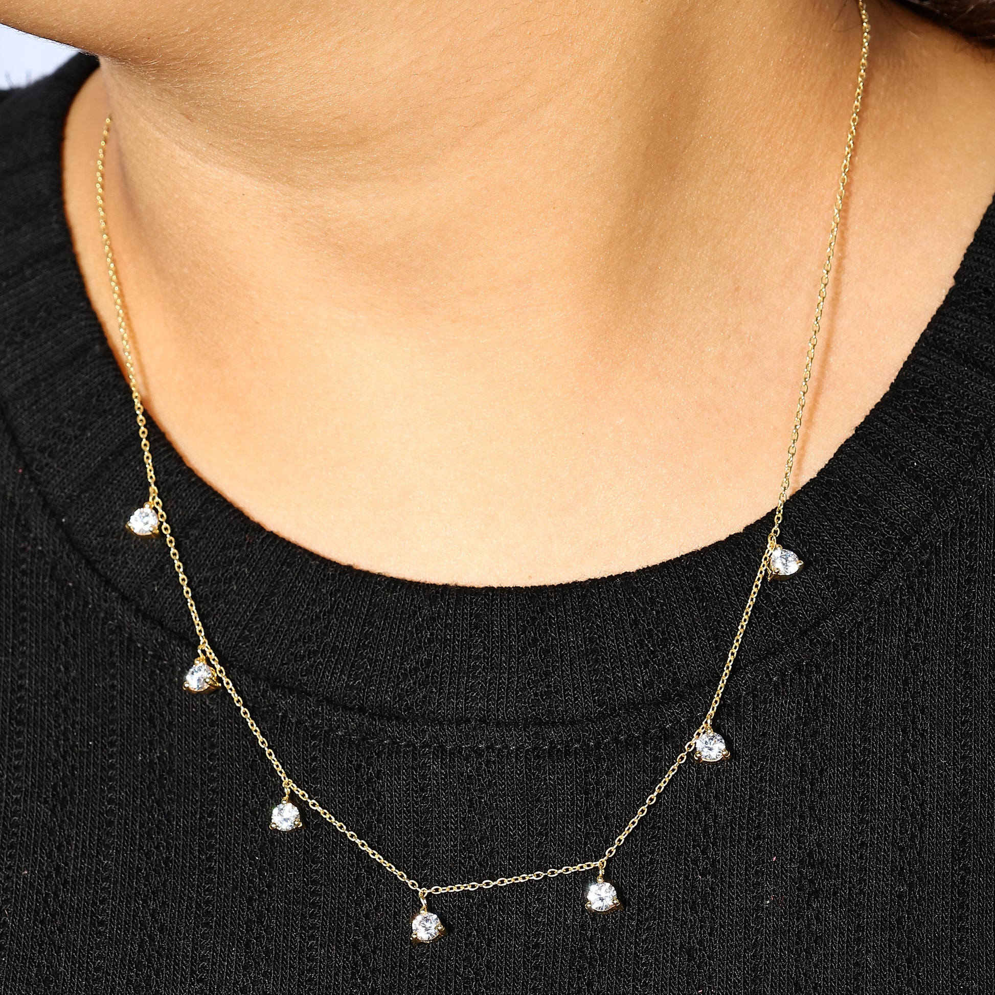 Dainty Gold Choker with Hanging Zircon Drops - 925 Silver