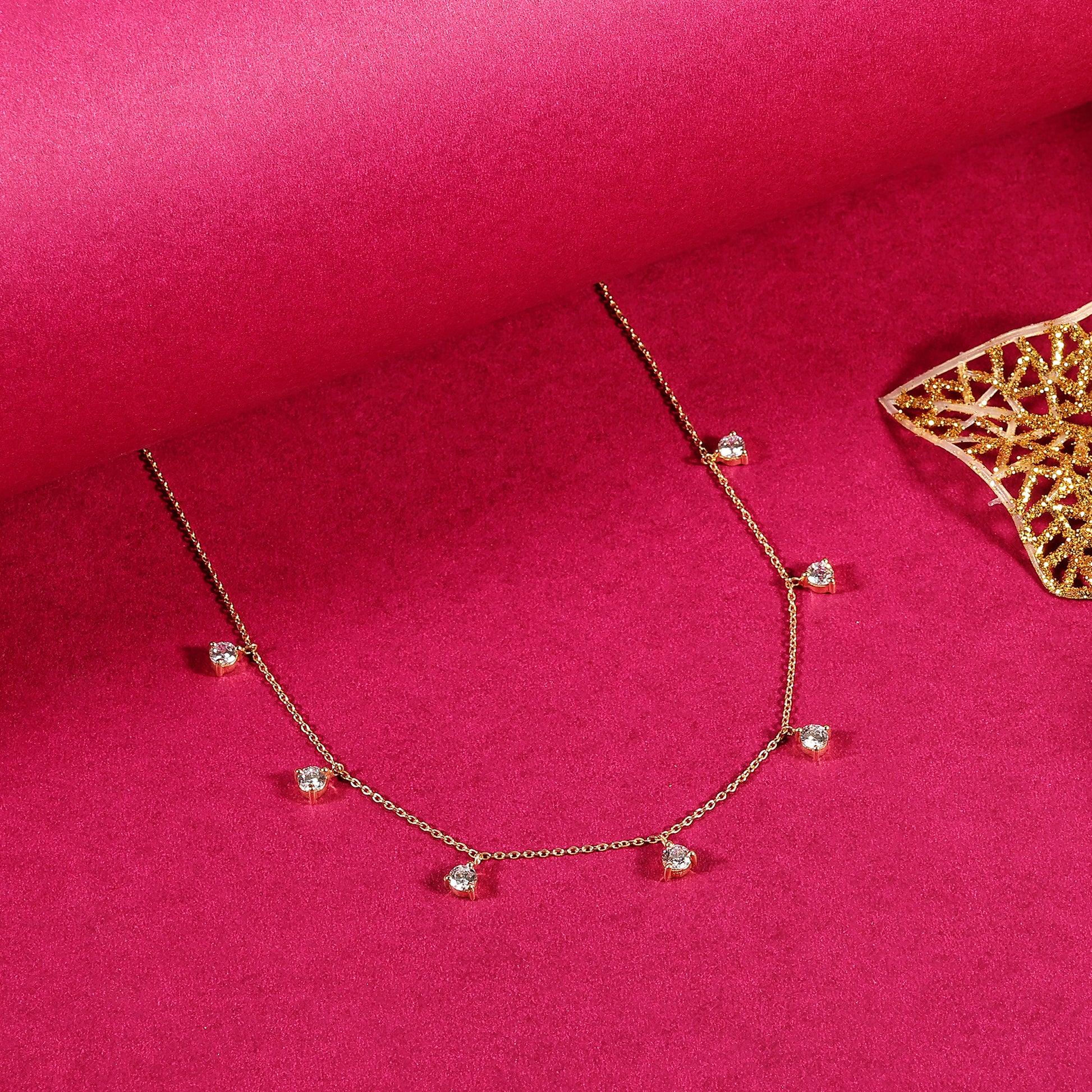 Dainty Gold Choker with Hanging Zircon Drops - 925 Silver