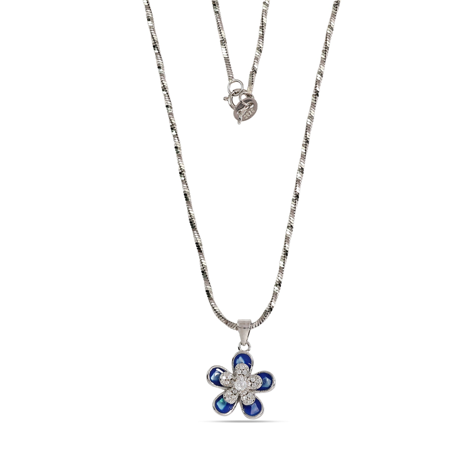 Sparkling Blue Daisy Necklace - 925 Sterling Silver