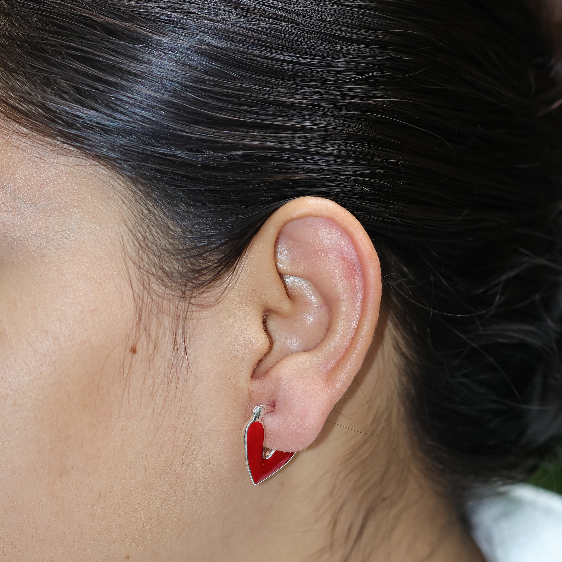 Red Enamel Heart Huggie Hoops - 925 Silver